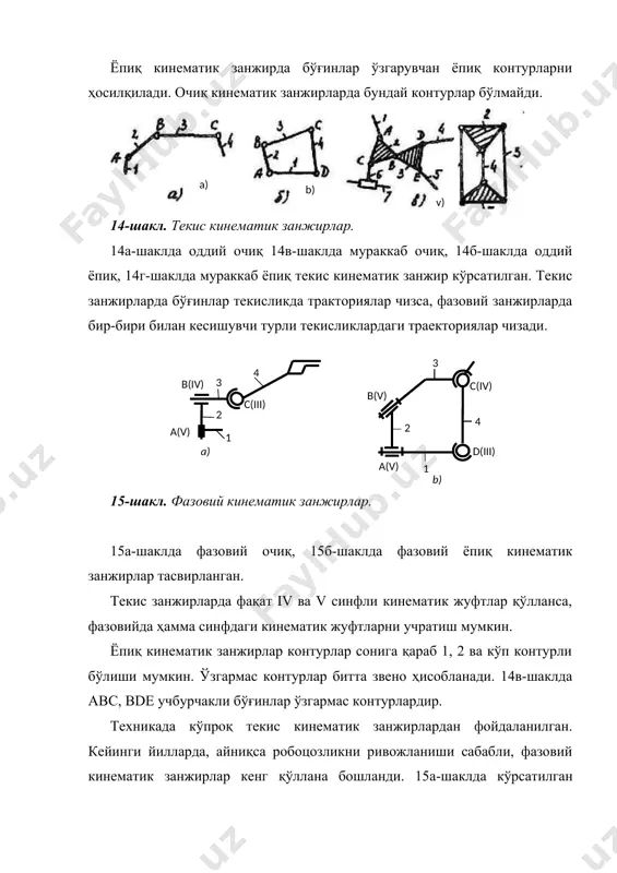 а (5)дан текис кинематик занжирларнинг эркинлик даражасини аниқлаш формуласи келиб чиқади. w = pi-3k + q (6) буерда w= = +pv (7) piv ва ру - iv ва v-синф кинематик жуфтлар сони, q - текис кинематик занжирнинг ортиқча боғланишлар сони. (7) ни (6) га қўйсак w = 2py + py-3k + q текис кинематик занжирнинг эркинлик даражасини аниқлаш формуласи келиб чиқади. 5-шаклда келтирилган очиқ (а) ва ёпиқ (б) кенематик занжирларнинг эркинлик даражаси қуйидагича ҳиссобланади. 5-шакл. очҳ (а) ва ёпиц (б) кинематик занжирлар. а) очик, фазовий кинематик занжирда pi=0, рii=0, рiii=1, piv=l, pv=2 ўзгарувчан контурлар йўқ (к=0). w=5pi+4pii+3piii+2piv+pv-6k=5-0+4-0+3- 1+2-1+2=7 7 сони кинематик жуфтларнинг ҳаракатлувчанликлари йигиндисини ифодалайди. хакикатдан айланма кинематик жуфт а (v) битта, сферик в (iii) жуфт учта, бармокли сферик жуфт с (iv) иккита ва d (v) - битта эркинликка на (1+3+2+1=7). шунингдек, 7 раками очик кинематик занжирнинг холати мустакил, умумлашган координаталар билан аниқлашини кўрсатади. б) ёпик; кинематик занжирда рi=0, рii=0, …