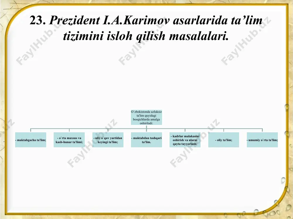 r, jamoat va xayriya tashkilotlari, xalqaro fondlar faol ishtirok etadi. umumiy o'rta ta'lim to’qqiz yillik (i-ix sinflar) o’qishdan iborat umumiy o’rta ta'lim majburiydir. ta'limning bu turi boshlang'ich ta'limni (i-iv sinflar) qamrab oladi hamda o’quvchilarning fanlar asoslari bo’yicha muntazam bilim olishlarini, ularda bilim o’zlashtirish ehtiyojini, asosiy o’quv-ilmiy va umummadaniy bilimlarni, milliy va umumbashariy qadriyatlarga asoslangan ma'naviy-ahloqiy fazilatlarni, mehnat ko’nikmalarini, ijodiy fikrlash va atrof-muhitga ongli munosabatda bo’lishni va kasb tanlashni shakllantiradi. umumiy o’rta ta'lim tugallanganidan keyin ta'lim fanlari va ular bo’yicha olingan baholar ko’rsatilgan holda davlat tomonidan tasdiqlangan namunadagi attestat beriladi. o’rta-maxsus, kasb-hunar ta'limi umumiy o’rta ta'lim negizida o’qish muddati uch yil bo’lgan majburiy o’rta maxsus, kasb-hunar ta'limi uzluksiz ta'lim tizimidagi mustaqil turdir. o’rta maxsus, kasb-hunar ta'limi yo’nalishi akademik litsey yoki kasb-hunar kolleji o’quvchilar tomonidan ixtiyoriy tanlanadi. akademik litsey davlat ta'lim standartlariga muvofiqo’rta maxsus ta'lim beradi. o’quvchilarning imkoniyatlari va qiziqishlarini hisobga olgan holda ularning jadal intellektual rivojlanishi chuqur, sohalashtirilgan, tabaqalashtirilgan, kasbga yo’naltirilgan …