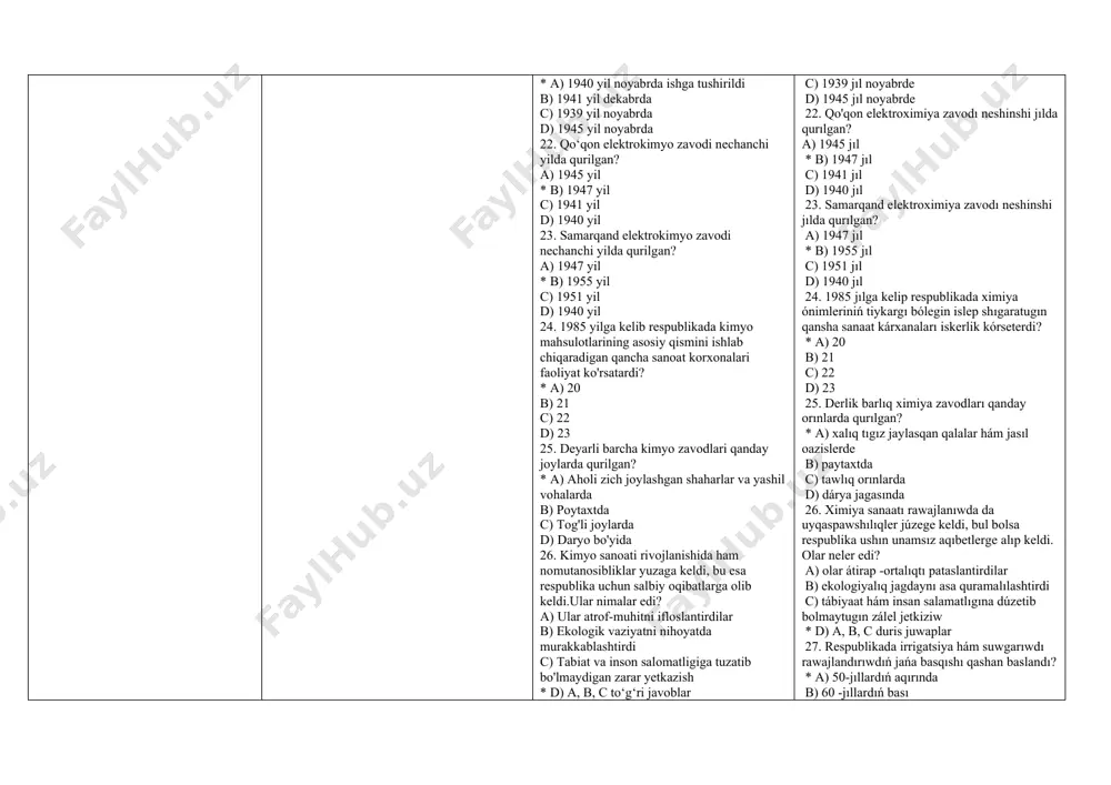 i yilda o‘zbekiston ssr respublika davlat plan komitetiga o‘tib, bosh mutaxassislikdan davlat plan komiteti raisining birinchi o‘rinbosarigacha bo‘lgan yo‘lni bosib o‘tdi? * a) 1966 yil b) 1967 yil c) 1965 yil d) 1968 yil 36. 1983 yilda i.a.karimov qaysi lavozimga tayinlangan? * a) moliya vaziri tomonidan b) kotib c) bosh d) muhandis 37. i.karimov 1990-yil 24-martda o‘zbekiston ssr oliy sovetining sessiyasida qaysi lavozimga saylangan? * a) o‘zbekiston ssr prezidenti b) kpss mk kotibi c) o‘zbekiston ssr vaziri d) qashqadaryo viloyati partiya komitetining birinchi kotibi 38. sssrni tugatish to‘g‘risidagi deklaratsiya qachon va qayerda qabul qilingan? * a) belarus, rsfsr. 1991 yil 8 dekabr b) novo-ogareva, 1991 yil 14 noyabr c) minsk, 1991 yil 26 dekabr d) ashxobod, 1991 yil 1 dekabr 39. o‘zbekiston respublikasining suvereniteti to‘g‘risidagi deklaratsiya qachon qabul qilingan? a) 1991 yil 5 dekabr * b) 1990 yil 20 iyun c) 1991 yil 31 avgust d) 1991 yil 29 avgust …