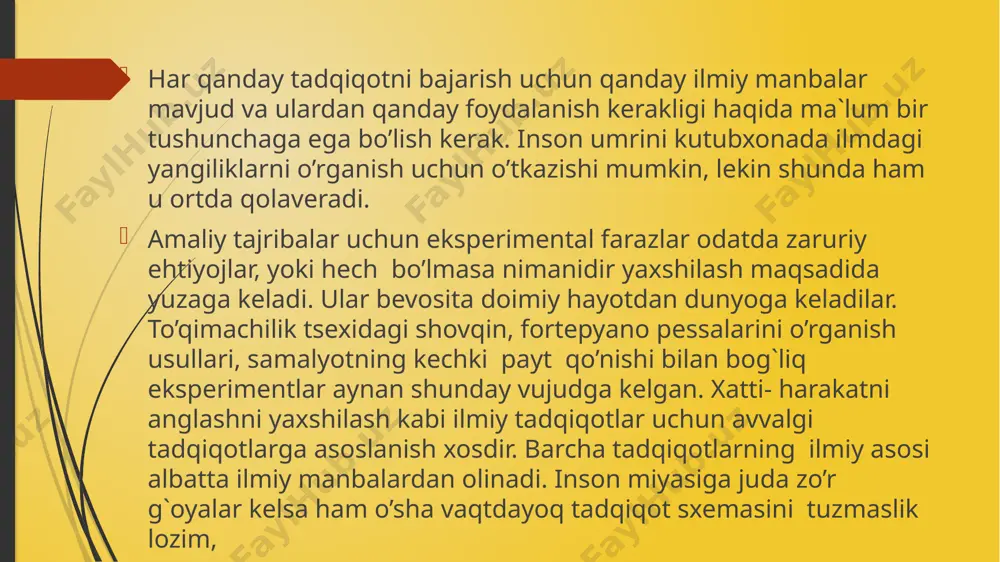 dan oldin ko’plab tadqiqotchilar o’z ishlarini mutaxassislik uchrashuvlarida hamkasblariga taqdim etadilar. jurnallarda chop etilgan maqolalarning deyarli 5 dan bir qismi bundan oldin otm va respublikaning konferensiyalarida taqdim etilgan bo’ladi. albatta ilmiy yo’nalishingizga bag`ishlangan barcha uchrashuvlar va konferentsiyalarda ishtirok etishning iloji yo’q. ammo ba`zi uchrashuvlardagi dokladlar tezislar to’plami deb nomlanuvchi tomlarga birlashtiriladi hamda u ko’pchilik kutubxonalarda mavjud bo’ladi. bundan tashqari konferensiyadan oldin tashkilot a`zolari konferentsiya dasturini qo’lga kiritadilar. bu dasturdagi biron doklad mavzusi sizning tadqiqotingizga bog`liq bo’ladigan bo’lsa shunchaki muallifga shu dokladdan nusxa jo’natishni so’rab so’rov jo’natishingiz mumkin. bunda jamlovchi maqola oxirida keltirilgan original maqolaga tegishli adabiyot siz uchun foydali bo’lishi mumkin. psixodiagnostika va eksperimental psixologiyada ilmiy manbalar bilan ishlash bir qancha talablarni qo’yadi. bunda ilmiy manbalarni o’z vaqtida ishlatish, ularni to’g`ri tanlash, manbalarni samarali qo’llay olish lozim. manbalar bilan ishlashda ma`lumotalarni qaysi yilga mansubligi, dolzarbligini va hozirgi davrga tadbiq qilish mumkin yoki mumkin emasligini ham hisobga olish lozim. ma`lum bo’ldiki, …