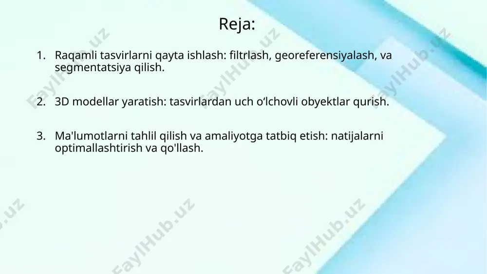 sida uch o'lchovli model yaratiladi. tasvirlar o'rtasidagi farqlar va ularning joylashuvi hisobga olinadi, shunda har bir nuqta yoki obyektning uchinchi o'lchami aniqlanadi. natijada, bu 3d model yuzasida turli strukturalar, ob'ektlar yoki erishilgan natijalar ko'rsatiladi. 3d modellar yer yuzasining to'liq vizualizatsiyasini yaratishda, arxitektura, muhandislik va shahar rejalashtirishda keng qo'llaniladi. bu jarayon uch o'lchovli maketlar yaratish, tahlil qilish va o'zgarishlarni aniqlash uchun ishlatiladi. 3d modellar yaratish jarayoni tasvirlardan uch o'lchovli obyektlar qurish bilan bog'liq bo'lib, bu jarayonda ikki o'lchovli tasvirlar asosida uchinchi o'lchov qo'shiladi. tasvirlar orasidagi o'zaro bog'lanishlar va nuqtalar o'rganilib, har bir nuqta yoki strukturani aniqlash uchun matritsalar va algoritmlar ishlatiladi. bu usul yordamida tasvirlar birlashtirilib, ularning o'lchamlari va joylashuvi hisobga olinadi. 3d modellar yaratish orqali, masalan, shahar hududlarini yoki arxitektura ob'ektlarini to'liq uch o'lchovli ko'rinishda yaratish mumkin. ushbu jarayon fotogrammetriya yoki masofaviy zondlash ma'lumotlaridan foydalanib, aniq va batafsil model hosil qilish imkonini beradi. 3d modelning yaratilishi tasvirlar yordamida yer yuzasining …