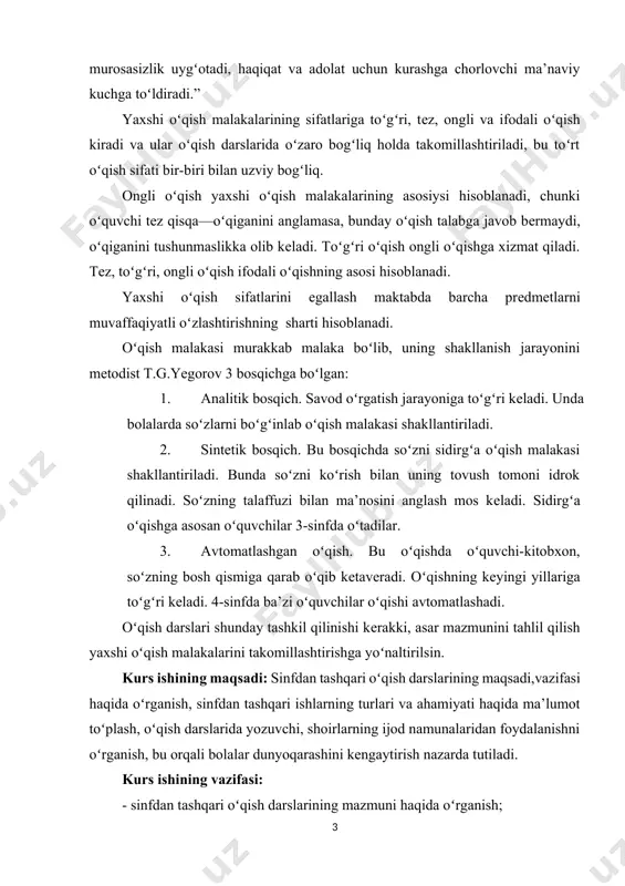 vchi-kitobxon, soʻzning bosh qismiga qarab oʻqib kеtavеradi. oʻqishning kеyingi yillariga toʻgʻri kеladi. 4-sinfda ba’zi oʻquvchilar oʻqishi avtomatlashadi. oʻqish darslari shunday tashkil qilinishi kеrakki, asar mazmunini tahlil qilish yaxshi oʻqish malakalarini takomillashtirishga yoʻnaltirilsin. kurs ishining maqsadi: sinfdan tashqari oʻqish darslarining maqsadi,vazifasi haqida oʻrganish, sinfdan tashqari ishlarning turlari va ahamiyati haqida ma’lumot toʻplash, oʻqish darslarida yozuvchi, shoirlarning ijod namunalaridan foydalanishni oʻrganish, bu orqali bolalar dunyoqarashini kengaytirish nazarda tutiladi. kurs ishining vazifasi: - sinfdan tashqari oʻqish darslarining mazmuni haqida oʻrganish; - sinfdan tashqari oʻqish darslarining turlari va ularni tashkil etish bosqichlari boʻyicha ma’lumot toʻplash; - sinfdan tashqari oʻqishda noan’anaviy oʻqitish texnologiyalaridan foydalanish ijtimoiy zaruriyat ekanligi borasida ma’lumot toʻplash; - sinfdan tashqari oʻqish darslarida quddus muhammadiy ijod namunalaridan foydalanishni oʻrganish. kurs ishining tuzilishi: ish kirish, 2 bob, 6 boʻlim, xulosa, foydalanilgan adabiyotlardan iborat. jami 40 sahifadan tashkil topgan. i bob.sinfdan tashqari oʻqish darslarining maqsad va vazifalari. 1.1. sinfdan tashqari oʻqish darslarining mazmuni. ijtimoiy jamiyat …