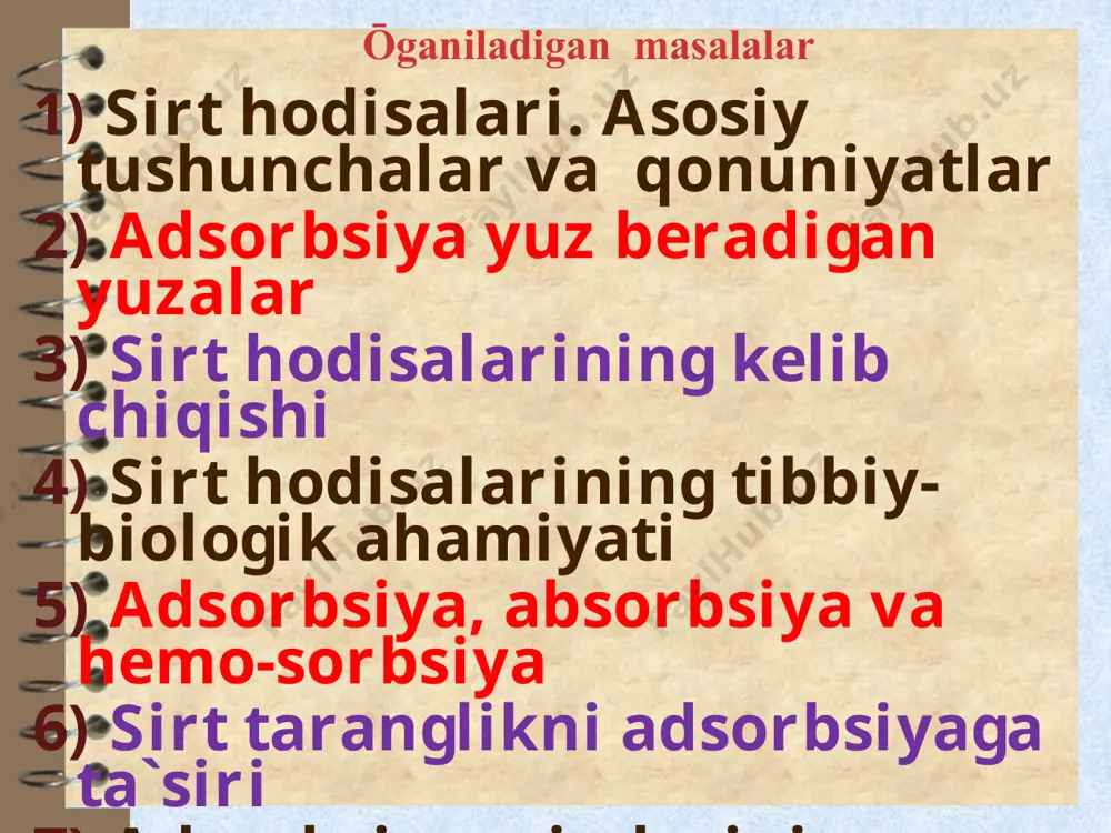 lash solishtirma adsorbsiya – adsorbentning 1 sm2 yuzasiga yoki 1 g massasiga yutilgan moddaning mol miqdoridir: harakatsiz satxdagi adsorbsiya uchun freyndlix tenglamasi: adsorbsiya miqdorini baholash freyndlixning tog`ri chiziq tenglamasi: adsorbsiya izotermasi lg k lg c lg x/m ) tg  = 1/n adsorbsiya miqdorini baholash harakatsiz satxdagi adsorbsiya uchun lengmur tenglamasi: kichik konsentratsiyalar uchun: г = г · bc katta konsentratsiyalar uchun: г = г adsorbsiya miqdorini baholash lengmurning monoqavatli adsorbsiya izotermasi: г ii iii i с adsorbsiya miqdorini baholash harakatli satx uchun gibss tenglamasi: image3.jpeg image2.png image4.png image5.png image6.png image7.png image8.png image9.png image10.png image11.png image12.png image13.png image14.png image1.jpeg