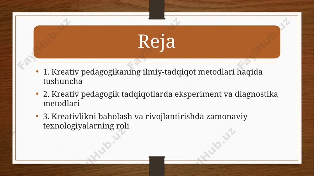 tlari va ijodiy salohiyatini baholash. kontent-tahlil – o‘quvchilarning yozma va og‘zaki ishlarini tahlil qilish orqali kreativ yondashuv darajasini o‘lchash. 3. kreativlikni baholash va rivojlantirishda zamonaviy texnologiyalarning roli zamonaviy raqamli vositalar (misol: interaktiv doskalar, kreativ dasturlar, ai asosidagi platformalar) o‘quvchilarning ijodkorligini oshirishda muhim rol o‘ynaydi. internet so‘rovlari, onlayn testlar, muammoli vazifalar yordamida kreativ tafakkurni o‘lchash imkoniyati paydo bo‘ladi. virtual laboratoriyalar va simulyatsiyalar yordamida eksperimentlarni xavfsiz va samarali o‘tkazish mumkin. xulosa kreativ pedagogika fanining ilmiy-tadqiqot metodlari o‘quvchilarning ijodiy salohiyatini aniqlash, rivojlantirish hamda ta’lim jarayonini zamonaviy va samarali tarzda tashkil etishda muhim ahamiyatga ega. tadqiqot metodlarini to‘g‘ri tanlash va qo‘llash orqali ta’lim sifati va samaradorligini oshirish mumkin. foydalanilgan adabiyotlar abdullaeva z.x. – kreativ pedagogika asoslari, toshkent: 2020. xolboeva n.n. – pedagogik tadqiqot metodlari, toshkent: o‘zbekiston nashriyoti, 2019. torrance e.p. – creativity and education, new york: 1965. runco m.a. – creativity: theories and themes: research, development, and practice, elsevier, 2007. internet manbalari: https://uzedu.uz https://ziyonet.uz …