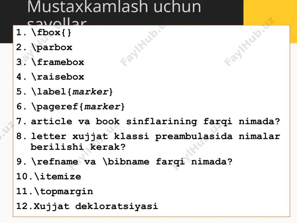 rtirish amalga oshiramiz. ustunlar sonini uchtaga oshiramiz. buning uchun komanda argumenti{cc}ni, {llc} deb o‘zgartiramiz, hamda matnga qo‘shimcha kiritamiz: \begin{document} \begin{tabular}{llc} tip perechnya & numeratsiya \\[5pt] \ttfamily itemize & net & est\\ \ttfamily enumerate & est\\ \ttfamily description & net\\ \end{tabular} \end{document} jadvallarni xosil qilishda murakkab tuzilmalarni xam xosil qilish mumkin: \begin{document} slovo \begin{tabular}{rr} a & b\\v & g \end{tabular} slovo \end{document} jadval komandasini majburiy bo‘lmagan argumenti “b” yordamida jadval kattaligi pastki qatorga, “t” parametr bilan esa yuqorigi qatorga tekslanishi mumkin: \begin{document} slovo \begin{tabular}{rr} a & b\\v & g \end{tabular} \begin{tabular}[t]{rr} a & b\\v & g \end{tabular} \begin{tabular}[b]{rr} a & b\\v & g \end{tabular} \end{document} jadvallarni kiritishda ularni ramkalarini xam xosil qilish mumkin. buning uchun \hline komandasi yordamida gorizontal chiziq, “|” simvoli yordamida vertikal chiziqni tashkil etish mumkin. chiziqlarni ikkilangan, uchlangan va xokozo xam qilish mumkin. buning uchun komandalar shuncha marotaba takrorlanadi. \documentclass[12pt]{article} \usepackage[cp1251]{inputenc} \usepackage[t2a]{fontenc} \usepackage[russian]{babel} \begin{document} \begin{tabular}{||l|l||} \hline slon & …