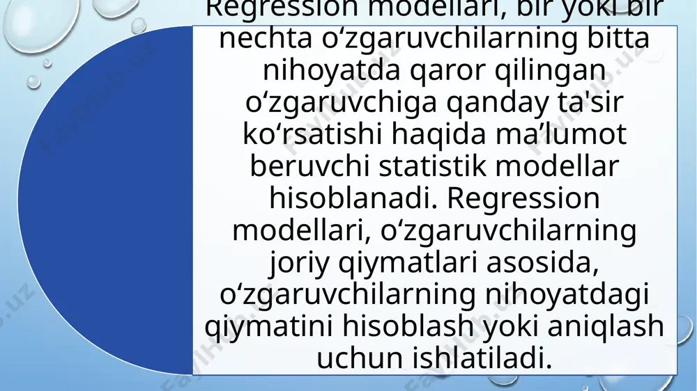 llari yaratish, ishlab chiqarish kompaniyasi uchun samaradorligini oshiradi va mahsulotni ishlab chiqarish uchun sarflangan mablagʻlarni va ishlab chiqarish narxini optimallashtirishga yordam beradi. shu bilan birga, bu modellar, ishlab chiqarish kompaniyasi mahsulotlarini ishlab chiqarish uchun sarflangan mablagʻlarni va ishlab chiqarish narxini optimallashtirishda yaxshi tushuntirish va yechim topishga yordam beradi. regression modellari yaratish, ishlab chiqarish kompaniyasi uchun muhim bir qadamdir, chunki bu modellar, ishlab chiqarish kompaniyasining isteʼmolni optimallashtirishda yordam beradi va ishlab chiqarish narxini oshirish va mahsulotni ishlab chiqarish uchun sarflangan mablagʻlarni kamaytirish imkoniyatini beradi. e’tiboringiz uchun rahmat! image2.png image3.png image1.png /docprops/thumbnail.jpeg