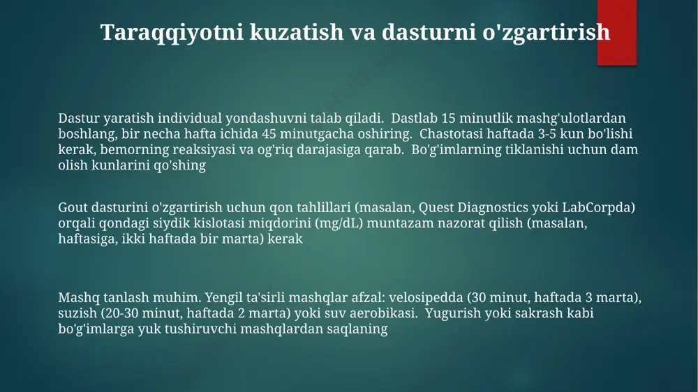uy sharoitida bajarilishi mumkin mos mos mashq turlarini aniqlash yengil aerobik mashqlar (30 daqiqa, haftada 3-5 marta): suzish (20 uzunlik), velosipedda yurish (24 km), suv aerobikasi (45 daqiqa). bo'g'imlarga yuk tushuruvchi yuqori intensiv mashqlar (yugurish, sakrash) dan saqlaning. o'rtacha intensivlikka (borg shkalasi 12-14) e'tibor bering. shifokor/fizioterapevtga murojaat qiling va individual dastur tuzing. egiluvchanlik va yadro mushaklarini mustahkamlash uchun yoga (hatha, yengil mashqlar) yoki pilates (boshlang'ich daraja)ni ko'rib chiqing. sichqon kislotasi darajasini nazorat qiling; og'riq darajasiga qarab intensivlikni sozlang podagraga chalinganlar uchun kuch mashqlari strategiyasi harakat doirasini kengaytiruvchi mashqlarni kuch mashqlaridan 15-20 minut oldin bajaring. bunda to'piq, tizza va son bo'g'imlarini nishonlagan yumshoq cho'zish mashqlari muhim, aqshning turli hududlarida (g'arbiy va janubiy) podagra og'rig'i va qotib qolishini yengillashtirishda harakatlilikni yaxshilashga yordam beradi progressiv yuklama muhim; har 1-2 haftada vaznni (1-2 kg), takrorlashni (2-3 ta) yoki setlarni (1 ta) asta-sekin oshiring, siydik kislotasi darajasini kuzatib boring. yallig'lanishni kamaytirish uchun haddan oshmang kam …
