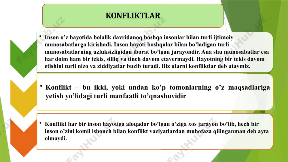 ya fani etakchi o‘rin tutadi. z.freyd, a.adler, k.xorni, e.fromm, k.g.yung, l.i.petrajitskiy kabi yirik psixolog olimlar konfliktlarning yuzaga kelish sabablarini inson ruhiyati xususiyatlari bilan uning biopsixik instinktlari va shu kabilar bilan bog‘laydilar. sotsiologiya fani doirasida konfliktlarning jamiyat hayotida­gi roli bilan bog‘liq masalalarni o‘rganish xix asrning ikkinchi yarmiga to‘g‘ri keladi. ushbu davrda yashab, ijod etgan ingliz sotsiolog olimi gerbert spenserning “sotsiologiya asoslari” nomli asarida konfliktlarning serqirra va universal hodisa ekanligi ilmiy ji­hatdan asoslab berilgan. nemis sotsiolog olimi georg zimmelning 1908 yilda chop etilgan “sotsiologiya” nomli asarida ilk bor kon­fliktlarni o‘rganishning yangi yo‘nalishiga, ya’ni, konfliktlarning funksional nazariyasiga asos solingan. georg zimmelning fikricha, konfliktlarsiz kishilik jamiyatini tasavvur qilib bo‘lmaydi. chunki, aynan konfliktlar jamiyat rivojlanishining o‘ziga xos mexa­nizmi hisoblanadi. sotsiologlar ijtimoiy guruhlar o‘rtasidagi kurashni keskinlikni yumshatish vositasi va jamiyat taraqqiyotining muhim harakatlantiruvchi kuchi sifatida baholaydilar. shu bilan birga, sotsiologiya fani doirasida ijtimoiy konfliktlarning tabiati, uning jamiyat rivojlanishiga ta’siri hamda konfliktlar kechishini boshqarish masalalari yuzasidan turli …