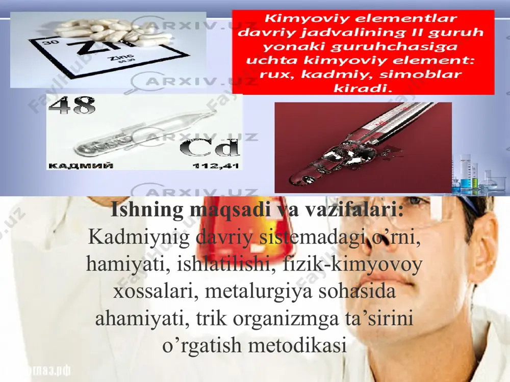 temperaturasi 767°. kimyoviy birikmalarda 2 valentli. . nam havoda kadmiyning sirti yupqa oksid parda bilan qoplanadi. bu parda uni keying oksidlanishdan saqlaydi. suyuqlanish temperaturasidan yuqori haroratlarda yonib, qoʻngʻir rangli kadmiy oksid (cdo) hosil qiladi. ma'lumki, tabiatda kadmiy sakkizta barqaror izotop shaklida bo'lishi mumkin, ulardan ikkitasi radioaktiv (113 cd, 116 cd): 106 cd, 108 cd, 110 cd, 111 cd, 112 cd va 114 cd. ularning massa raqamlari mos ravishda 106, 108, 110, 111, 112, 113, 114 va 116 ga teng. kadmiyum izotopi 106 cd yadrosida qirq sakkizta proton va ellik sakkizta neytron bor, qolgan izotoplar undan faqat neytronlar soni bilan farq qiladi. kimyoviy ta'sir o'tkazish natijasida kadmiy o'zining valentlik elektronlarini beradi, ya'ni. ularning donoridir va musbat zaryadlangan ionga aylanadi: cd 0 -2e → cd 2+. elektronlarning orbital taqsimoti quyidagicha: +48cd) 2) 8) 18) 18) 2; 1s 2 2s 2 2p 6 3s 2 3p 6 3d 10 4s 2 4p 6 …
