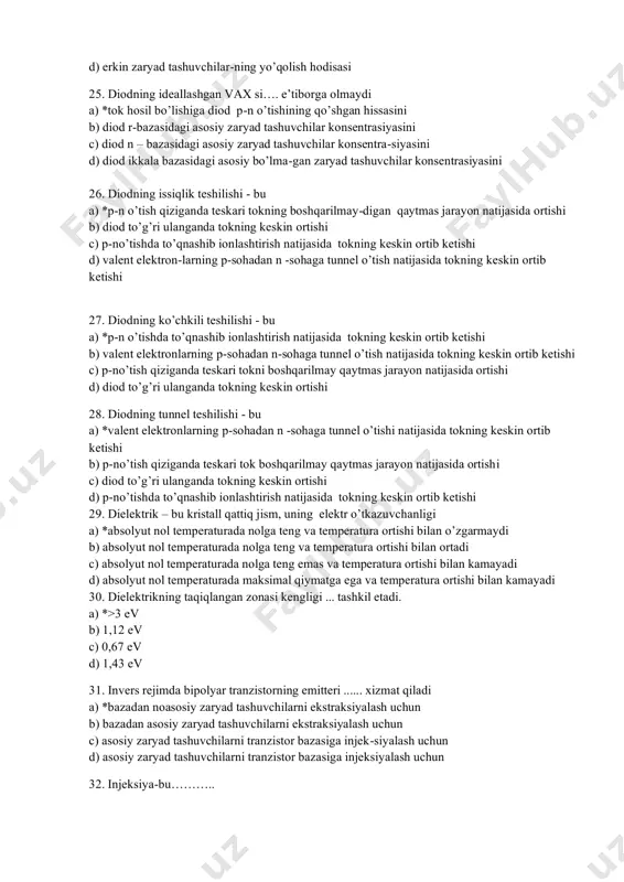 ng keskin ortib ketishi 29. dielektrik – bu kristall qattiq jism, uning elektr o9tkazuvchanligi a) *absolyut nol temperaturada nolga teng va temperatura ortishi bilan o9zgarmaydi b) absolyut nol temperaturada nolga teng va temperatura ortishi bilan ortadi c) absolyut nol temperaturada nolga teng emas va temperatura ortishi bilan kamayadi d) absolyut nol temperaturada maksimal qiymatga ega va temperatura ortishi bilan kamayadi 30. dielektrikning taqiqlangan zonasi kengligi ... tashkil etadi. a) *>3 ev b) 1,12 ev c) 0,67 ev d) 1,43 ev 31. invers rejimda bipolyar tranzistorning emitteri ...... xizmat qiladi a) *bazadan noasosiy zaryad tashuvchilarni ekstraksiyalash uchun b) bazadan asosiy zaryad tashuvchilarni ekstraksiyalash uchun c) asosiy zaryad tashuvchilarni tranzistor bazasiga injek-siyalash uchun d) asosiy zaryad tashuvchilarni tranzistor bazasiga injeksiyalash uchun 32. injeksiya-bu&&&.. a) *n-p o9tish to9g9ri ulanganda elektronlar oqimi n sohadan p sohaga harakatlanadi, kovaklar esa teskari yo9nalishda harakatlanadi b) p-n o9tish teskari ulanganda asosiy bo9lmagan zaryad tashuvchilarning harakati c) erkin …