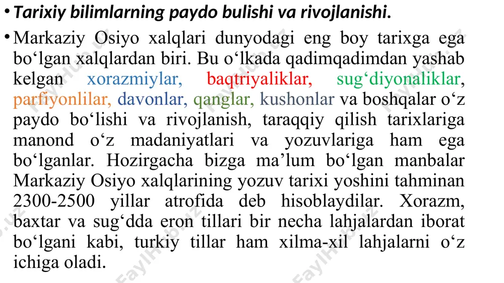 rlarida tasvirlangan. ular o’z asarlarida aleksadr zamondoshlarining asarlari va esdaliklaridan foydalanganlar. aleksadrning o’rta osiyoga yurishlari tasviri esa yunon tarixchisi arrian (miloddan avvalgi ii asr) va rim tarixchisi kvint kurtsiy ruf (milodning i asri) asarlarida saqlanib qolgan. aleksadrning sharqqa qilgan yurishlarini mufassal yoritgan plutarx (i-ii asrlar) bilan yustin (ii asr) esa uning o’rta osiyoga qilgan yurishlari haqida deyarli og’iz ochmaydilar. sitsiliyalik diodorning «tarixiy kutubxona» asarida (miloddan avvalgi 1 asr) ko’p o’rinlar yo’qolgan. bu asar 17 kitobdan iborat bo’lib, aleksadrning amudaryo ortiga yurishi tasvirlangan boblarning faqat sarlavhalarigina saqlanib qolgan. tarixshunoslik an`analariga ko’ra, kvint kurtsiy ruf asari ishonchli emas, muallif badiiy so’z jimjimadorligiga e`tibor beruvchi, turli-tuman latifalarni va badiiy to’qimalar bilan asarini bezovchi faylasuf-ritorikdir, degan fikr hukm suradi. tarixchi asarini bunday yuzaki baholash haqiqatga to’g’ri kelmaydi. kurtsiy rufning juda ko’p ma`lumotlari boshqa tarixiy manbalar bilan taqqoslanganida yuqoridagi fikrlarning to’g’ri ekanligining guvohi bo’lamiz. ammo kurtsiy ruf asarlariga nisbatan jangchi adib arrian risolasida o’rta osiyo …