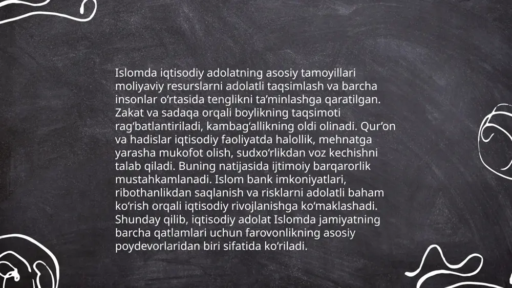 zand ikki qism, ayol farzand esa bir qism oladi. shuningdek, islomda zakot instituti mavjud bo’lib, bu mulkdorlarni o'z boyliklarining ma'lum qismini kam ta'minlanganlarga berishga undaydi. bu jamiyatda ijtimoiy tenglik va adolatni saqlashni maqsad qiladi. ... t.me/slaydai_bot sadaqa va xayriya faoliyatlari boyicha ma'lumotlarga ko'ra, o'zbekistonda 2022 yilda minglab insonlar xayriya tadbirlariga jalb etilgan va 50 million so'mdan ko'proq mablag' to'plangan. yiliga o'rtacha 1000 dan ortiq xayriya tadbirlari o'tkaziladi. ko'p hollarda bunday tadbirlar muhtoj oilalar, yetim-esirlar va kasalxonalarga yordam ko'rsatishga qaratilgan. o'zbekistonda faoliyat yuritayotgan nodavlat tashkilotlar ham xayriya ishlarida faol ishtirok etadi; ularning soni 200 dan oshiq. bu tadbirlar orqali har yili 10 mingdan ortiq odam yordam oladi. 2022 yilda xayriya tashkilotlari yordamida jami 5 ming xodim ish bilan ta'minlangan. ... t.me/slaydai_bot islom moliya institutlari shariatga muvofiq moliyaviy xizmatlar ko'rsatadigan tashkilotlardir. ular foizga asoslangan operatsiyalarni amalga oshirmaydi va tavakkalchiliklarni adolatli taqsimlashni qo'llaydi. asosiy vositalar qatoriga mudaraba (sheriklik asosidagi investitsiya), musharaka (birgalikdagi investitsiya), …