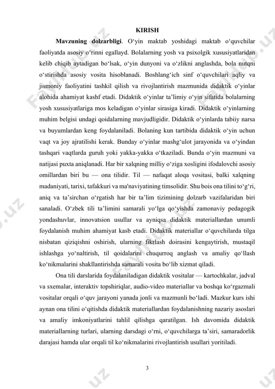 hisoblash ko‘nikmalarini oshirishda muhim ahamiyatga ega. didaktik o‘yinlar jarayonida o‘quvchilar o‘yin qoidalariga qat’iy rioya qilishga o‘rganadilar, inoqlik his - tuyg‘ulari, dunyoqarashlari shakllanib boradi. ta’lim jarayonida didaktik o‘yinlar o‘quvchilarning xususiyatiga ko‘ra tashkil etilishi kerak. bu esa ularga bilim berishni yengillashtirishga, ko‘rgazmalilikni ta’minlashga qaratilgan bo‘lib, o‘quvchilarni toliqtirmaslik, zeriktirmaslik imkonini yaratadi kurs ishining maqsadi: ona tili darslarida didaktik o‘yinlardan foydalanishning amaliy-nazariy asoslari. kurs ishining vazifalari: —mavzuga oid adabiyotlarni o`rganish, uning o`rganilganlik darajasini aniqlash; —kurs ishning nazariy va amaliy asoslarini belgilash; —o`quvchilarining real bilish imkoniyatlarini tahlil qilish; —darslarda mustaqil fikrlash kontseptsiyasini asoslash va o`qish taʼlimi mazmuniga mos biluv topshiriqlari tizimini ishlab chiqish; kurs ishining obyekti: ona tili ta’lim jarayoni, ya’ni umumiy o‘rta ta’lim maktablarida o‘quvchilarga ona tilini o‘rgatish jarayonida qo‘llaniladigan usullar, vositalar va pedagogik texnologiyalar tizimi. kurs ishining predmeti: ona tili darslarida didaktik o‘yinlardan foydalanish samaradorligini ijobiy tomonga ta’sir qilishning eng qulay usulidir. kurs ishining tuzilishi: kirish, 2 bob, 4 paragraf, xulosa va foydalanilgan …