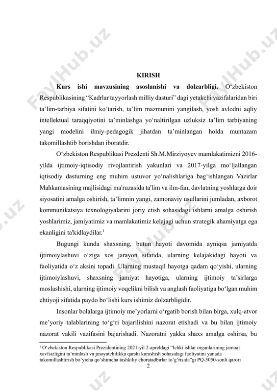 g 2021-yil 2-apreldagi “ichki ishlar organlarining jamoat xavfsizligini ta’minlash va jinoyatchilikka qarshi kurashish sohasidagi faoliyatini yanada takomillashtirish boʻyicha qoʻshimcha tashkiliy choratadbirlar toʻgʻrisida”gi pq-5050-sonli qarori] bugungi kunda shaxsning, butun hayoti davomida ayniqsa jamiyatda ijtimoiylashuvi oʻziga xos jarayon sifatida, ularning kelajakidagi hayoti va faoliyatida oʻz aksini topadi. ularning mustaqil hayotga qadam qoʻyishi, ularning ijtimoiylashuvi, shaxsning jamiyat hayotiga, ularning ijtimoiy ta’sirlarga moslashishi, ularning ijtimoiy voqelikni bilish va anglash faoliyatiga boʻlgan muhim ehtiyoji sifatida paydo boʻlishi kurs ishimiz dolzarbligidir. insonlar bolalarga ijtimoiy me’yorlarni o‘rgatib borish bilan birga, xulq-atvor me’yoriy talablarining to‘g‘ri bajarilishini nazorat etishadi va bu bilan ijtimoiy nazorat vakili vazifasini bajarishadi. nazoratni yakka shaxs amalga oshirsa, bu ivdividual tavsifga ega bo‘ladi, agar butun bir jamoa, oila, do‘stlar, maktab, mahalla (qo‘ni-qo‘shnilar) tomonidan amalga oshirilib kelinayotganligi kurs ishimiz asoslanishi. kurs ishing obyekti va predmeti. kurs ishimizning obyekti – bolalarda deviant xulqning yengib o‘tishda oilaning o‘rni bo‘la olsa, kurs ishining predmeti – ushbu kichik jamiyatdagi psixologik …