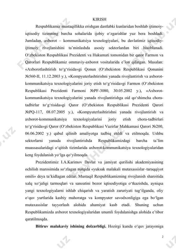 ‘lga qo‘yilmoqda. prezidentimiz i.a.karimov davlat va jamiyat qurilishi akademiyasining ochilish marosimida so‘zlagan nutqida «yuksak malakali mutaxassislar–taraqqiyot omili» deya ta’kidlagan edilar. mustaqil respublikamizning rivojlanish sharoitida xalq xo‘jaligi tarmoqlari va sanoatini bozor iqtisodiyotiga o‘tkazishda, ayniqsa yangi texnologiyalarni ishlab chiqarish va yaratish zaruriyati tug‘ilganda, oliy o‘quv yurtlarida kasbiy mahoratga va kompyuter savodxonligiga ega bo‘lgan mutaxassislar tayyorlash alohida ahamiyat kasb etadi. shuning uchun respublikamizda axborot texnologiyalaridan unumli foydalanishga alohida e’tibor qaratilmoqda. bitiruv malakaviy ishining dolzarbligi. hozirgi kunda o‘quv jarayoniga axborot-kommunikatsiya texnologiyalarini qo‘llash va o‘quv jarayonida uch o‘lchovli grafikasi yordamida obyektlarning kompyuter modellarini qurish va kompyuter grafikasi fanini o‘rganishda 3d modelini qo‘llash dolzarb masalalardan biri hisoblanadi. kompyuter grafikasining yangi yo‘nalishlaridan biri haqiqiy tasvirlarni shakllantirishning uslub va tamoyillarini ishlab chiqishga bag‘ishlangan. bu tamoyillarga ko‘ra tasvirlarni bevosita kuzatish yoki optik qurilmalar yordamida ro‘yxatga olish imkoniyati mavjud bo‘lishi kerak. shunday tasvirlarga ehtiyoj dizayn, arxitektura, reklama va boshqa sohalarda paydo bo‘ldi. kompyuterlar funksional imkoniyatlarining kengayishi kompyuter grafikasining rivojlanishiga asos …
