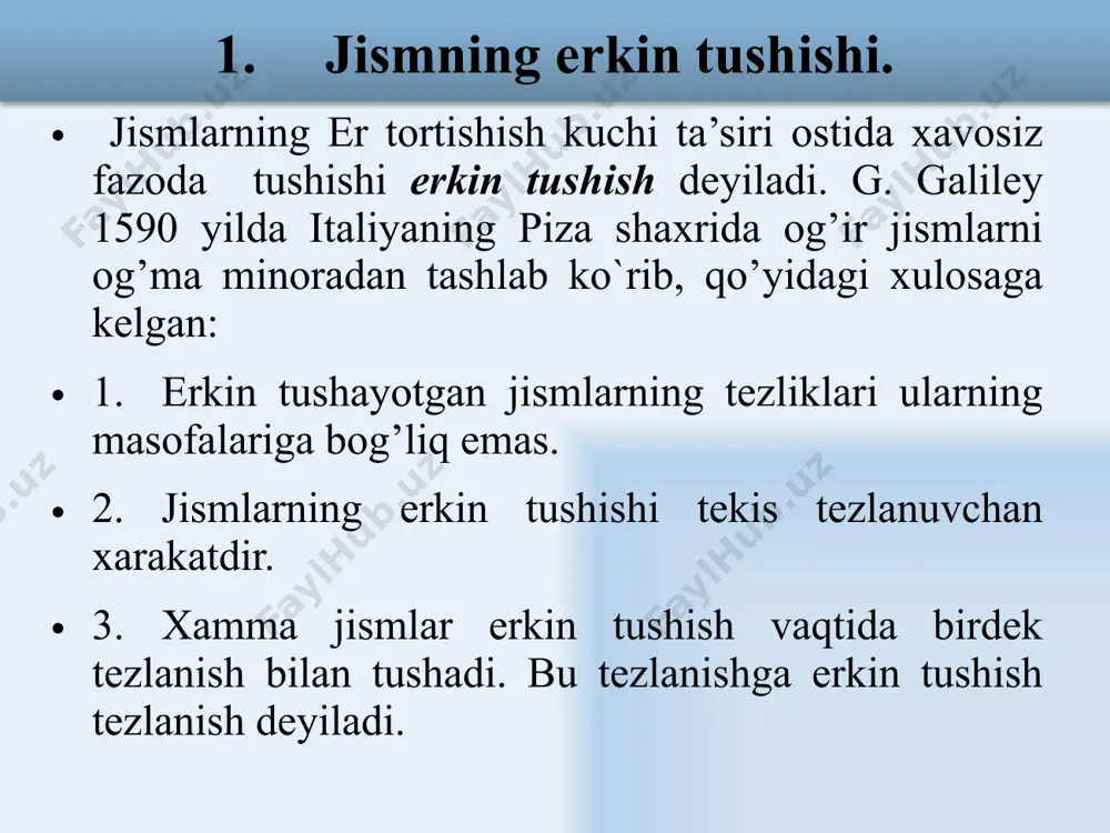 atagaat . 3. gorizontga nisbatan burchak ostiga otilgan jism xarakati sanoq sistemasini 3 - rasmda kursatilgandek tanlansa jism tezligini tashkil etuvchilari: y 0 v y v 0 a x x v 0 3-rasm.      .sin ,cos 00 00 avv avv y x      .sin ,cos 00 00 gtavgtvv avvv yy xx jismning x va y koordinatalarini va qtning funktsiyasi sifatida quyidagi shaklda yozish mumkin.        2 sin 2 ,cos 2 0 2 0 0 gt dtv gt tvy dtvtvx y x bundan t ni yuqotib jismning traektoriyasini topish mumkin: av gx tgdxy 22 0 2 cos2  bu formuladagi x va x 2 oldidagi koeffitsentlar uzgarmas, kattalik bulga ni uchun ularni mos ravishda k va b orqali belgilasak, 2 bxkxy  ifoda kurinishiga keladi. bu parabola tenglamasi, traektoriyaning eng yu qori nuqtasi 0 y v , …