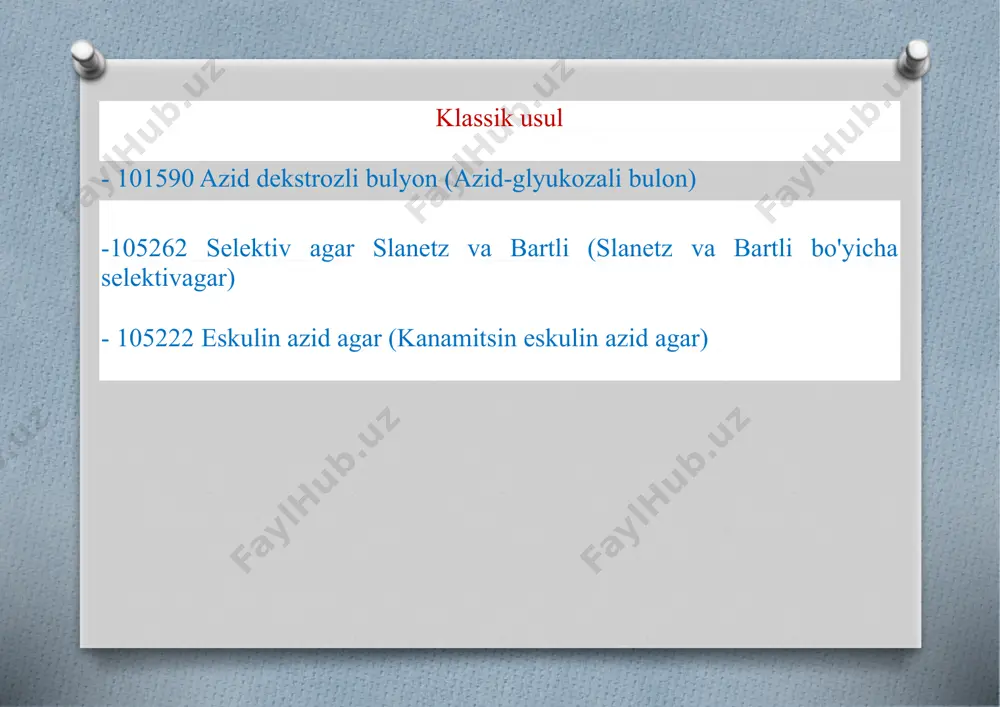 gan enterokokk shtammlari odatda probiyotiklarga qo'shilish uchun ishlatiladi. ushbu shtammlar inson tanasida uzoq muddatli yashashga moslashmagan va bir- ikki hafta ichida undan butunlay chiqarib tashlanadi. sanpin 2.3.2.2340-08, rossiya federatsiyasi bosh davlat sanitariya shifokorining 2008 yil 18 fevraldagi 13-sonli qarori bilan tasdiqlangan enterokokklar enterococcus durans va enterococcus faecium oziq-ovqat sanoatida foydalanishga ruxsat beradi. disbakterioz uchun axlatni tahlilqilishda enterokokklar disbakteriozni tahlil qilishda axlatdagi enterokokklar soni tekshiriladi. oddiy: bir yoshgacha bo'lgan bolalarda-1 g najas uchun 105 dan 107 gacha enterokokklar (koloniya hosil qiluvchi birliklar), bir yoshdan 60 yoshgacha bo'lgan bemorlarda 105 dan 108gacha, bemorlarda esa 106 dan 107 gacha. 60 yoshdan oshgan. shu bilan birga, boshqa enterokokklar orasida mutlaq ko'pchilik fekal enterokokklardir. enterokokklarning haddan tashqari ko'paymasligiuchun terapiya ·enterokokklar haddan tashqari ko'paygan taqdirda, rossiya federatsiyasi sog'liqni saqlash vazirligining 2003 yil 9 iyundagi 231-sonli "bemorlarni boshqarish protokoli" sanoat standartini tasdiqlash to'g'risida buyrug'i. ichak disbiyozi”, tavsiya etilgan bakteriofag “ichak-bakteriofag suyuqligi” bo'lib, u kuniga 4 marta och …