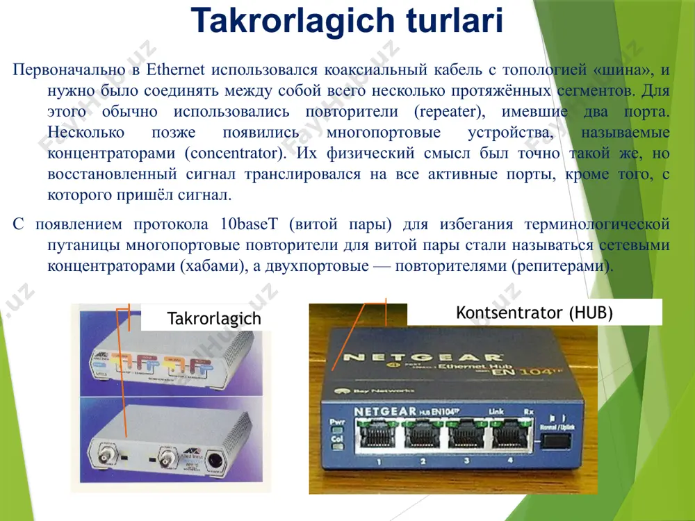 r deb ataladi. marshrutizator - tarmoq sathi asosida bir nechta tarmoqlarni ulash uchun ishlatiladigan qurilma kommutatorning ishlash printsipi kommutator xotiradagi kommutatsiya jadvalini (assotsiativ xotirada saqlanadi) saqlaydi, u hostning mac manzilini kommutator portiga moslashtiradi. kommutator yoqilganda, bu jadval bo'sh va u o'rganish rejimida. ushbu rejimda istalgan portdagi kiruvchi ma'lumotlar kommutatorning barcha boshqa portlariga uzatiladi. bunday holda, kommutator freymlarni tahlil qiladi va jo'natuvchi xostning mac manzilini aniqlab, uni jadvalga kiritadi. keyinchalik, agar kommutator portlaridan biri mac manzili allaqachon jadvalda bo'lgan xost uchun mo'ljallangan feymni qabul qilsa, u holda bu freym faqat jadvalda ko'rsatilgan port orqali uzatiladi. agar qabul qiluvchi hostning mac manzili kommutatordagi biron bir port bilan bog'lanmagan bo'lsa, u holda freym barcha portlarga yuboriladi. vaqt o'tishi bilan kommutator o'zining barcha portlari uchun to'liq jadval tuzadi va buning natijasida trafik lokallashtiriladi. kommutatsiya rejimlari kommutatsiyaning uchta usuli mavjud. ularning har biri kechikish va uzatish ishonchliligi kabi parametrlarning kombinatsiyasi hisoblanadi. oraliq saqlash bilan (store …
