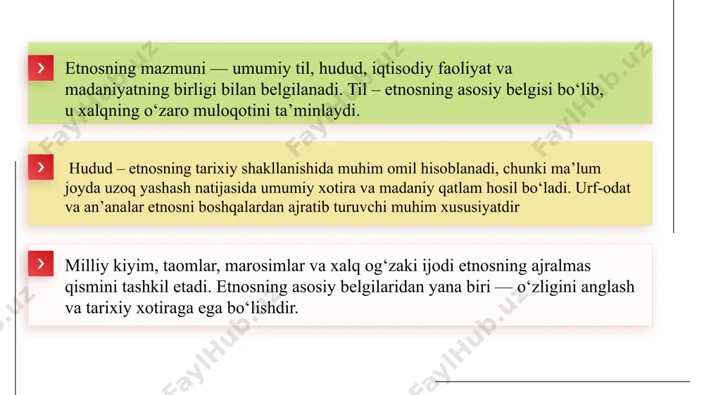 lari insoniyat taraqqiyotida muhim o‘rin tutib, xalqning tarixiy ildizlari, o‘ziga xos madaniyati va milliy o‘zligini belgilovchi omillar sifatida namoyon bo‘ladi. etnosning asosiy belgilaridan til, hudud, urf-odat va madaniy qadriyatlar xalqning bir butun jamiyat sifatida shakllanishiga zamin yaratadi. milliy o‘zlikni anglash jarayoni esa etnik birlikning o‘z tarixiy xotirasini saqlash, uni kelgusi avlodlarga yetkazish orqali mustahkamlanadi. markaziy osiyo xalqlarining etnogenez jarayonlari qadimiy davrlardan buyon turli qabila va elatlar qo‘shilishi, turkiy va eroniy madaniyatlarning o‘zaro ta’siri natijasida shakllandi. qarluq, qipchoq, o‘g‘uz kabi turkiy guruhlarning o‘ziga xos urf-odat va an’analari bugungi milliy madaniyatlar taraqqiyotida muhim o‘rin tutmoqda. xalq og‘zaki ijodi, marosimlar, milliy bayramlar va hududiy madaniyatlar etnik birlikni mustahkamlashda asosiy vosita bo‘lib xizmat qiladi. zamonaviy sharoitda globallashuv ta’siriga qaramay, markaziy osiyo xalqlari o‘z etnomadaniy tuzilishini saqlash va boyitishga intilmoqda. milliy an’analarni asrab-avaylash, urf-odatlarni qayta tiklash, xalq og‘zaki ijodi va san’atini rivojlantirish orqali milliy o‘zlikni yanada mustahkamlash jarayoni davom etmoqda. etnos va etniklik. markaziy osiyo …