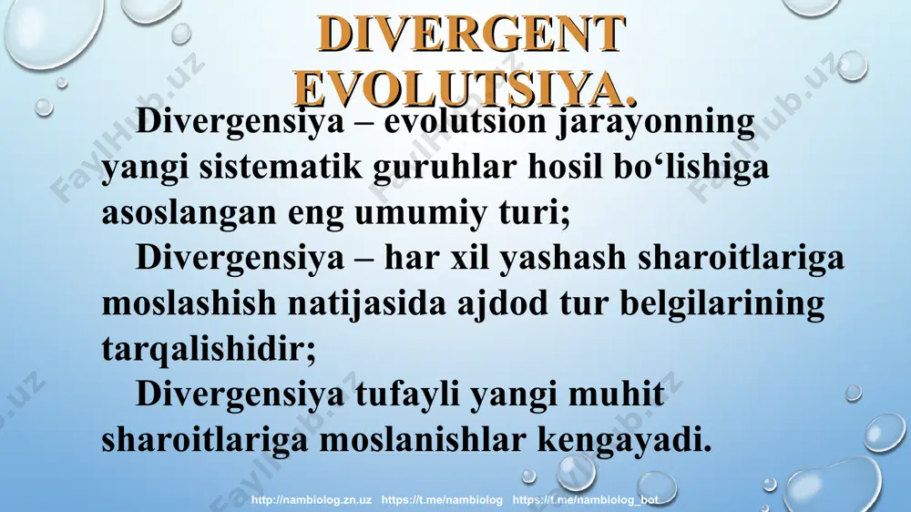 da o‘xshash belgilarga ega bo‘lishidir. 1. darslikdagi mavzuni o`qib o`rganib unda uchragan tayanch so`zlarni taxlil qiling; 2. mavzuga oid o`zingiz xoxlagan rasmlardan birini daftarlaringizga chizing. uyga vazifa http://nambiolog.zn.uz https://t.me/nambiolog https://t.me/nambiolog_bot http://nambiolog.zn.uz https://t.me/nambiolog https://t.me/nambiolog_bot
