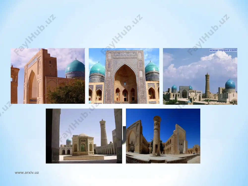 devoniy xatida "minora 595 hijriy yilda qurib bitkazildi", deb yozilgan. "kimki masjid qursa, o`ziga jannatdan makon qurgan bo`ladi ", degan hadis ham bitilgan. o`sha davrda minoraga yondosh bir masjid va bir madrasai sadriya mavjud bo`lib, u movarounnahrdagi eng yirik bilim maskani bo`lgan. minoraning balandligi 38,7 metrdir. www.arxiv.uz www.arxiv.uz xii - xvi asr. bu masjid xii asrda otashparast-majusiylar ibodatxonasi o`rnida bino qilingan. ibodatxona atrofga nisbatan bir muncha pastroqqa joylashgan. forscha "mag`oki" (chuqurlik) nomi ham shundan olingan. vaqt o`tishi bilan masjid ko`milib ketgan. masjidning sharqiy peshtoqidagi yozuvlarga ko`ra, 1547 yilda abdulaziz ibn abdulloh masjidni buzdirib, o`rniga yangi masjid qurdirmoqchi bo`ladi. ammo naqshbandiya tariqatining o`sha davrdagi peshvosi va xonning murshidi maxdumi a`zam bunga yo`l qo`ymaydi. ushbu masjid minbarida abduxoliq g`ijduvoniy, bahouddin naqshband kabi pirlar xutba o`qiganlari ham ta`kidlangan. murshidning so`zlariga itoat qilgan abdulazizxon masjidning g`arbiy tomoniga chambarchas qilib yangi masjid qurdirgan. www.arxiv.uz www.arxiv.uz abdulazizxon madrasasi – buxorodagi me`moriy yodgorlik. qo`sh imorat ansamblning janubiy …