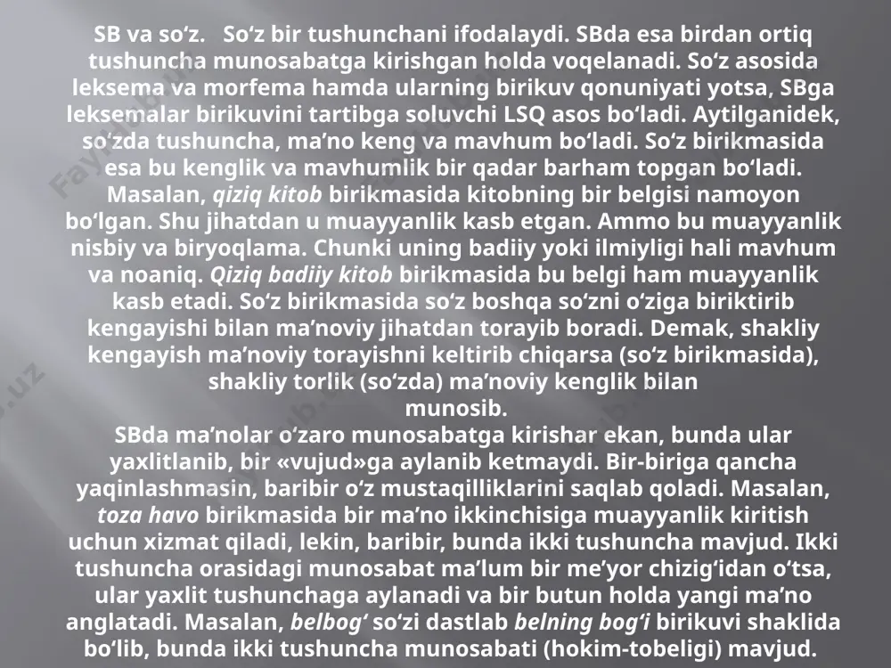 lik, nisbat, kesimlik ko‘rsatkichi). joylashuv omili so‘zlarning erkin joylashuvi (1) va birikma tarkibida jipslashuvidan (2) iborat. o‘zbek tilining me’yoriy nutqida tartib qat’iy, tobe a’zo oldin, hokim keyin keladi. erkin joylashuv deganda sbdagi tobe va hokim a’zoni bir-biridan ajratish, «uzish», ular orasiga boshqa bo‘laklarni kiritish imkoniyati mavjudligi nazarda tutiladi. masalan, kecha kelmoq, kitobni o‘qimoq, shahrimizning ko‘chalari kabi sbda erkin joylashuv imkoniyati bor, ularda tobe va hokim a’zoni bir-biridan ajratish, «uzish» (кecha uyga keldi, kitobni tez o‘qidi, shahrimizning keng ko‘chalari), hatto teskari joylashtirish (kelmoq kecha, ko‘chalari shahrimizning) mumkin. jipslashuv deganda tobe va hokim a’zoni bir-biridan «uzish» mumkin emasligi tushuniladi. bunga tosh ko‘prik, oltin uzuk, navoiy romani, kitob o‘qimoq birikmalarini misol qilib keltirish mumkin. masalan, tosh ko‘prik birikmasidagi so‘zlarning o‘rni almashtirilsa, birikma mohiyati o‘zgarib ketadi: кo‘prik – tosh. demak, bu so‘zlarda birikma mohiyatini belgilashda joylashuv omili ustuvor ahamiyatga ega. erkin joylashuv joylashuv omilining kuchsizligini, jipslashuv esa kuchliligini bildiradi. e’tiboringiz uchun raxmat ! image2.png …