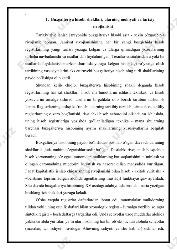 af qilish imkoniyatlarini va pirovardida hisobda mashinali texnikadan foydalanish sharoitlari yaratib berdi. tijorat hisob - kitobining rivojlanishi va chuqurlashishi sharoitida hisobning mazmuni, maqsadlari va vazifalari tubdan o’zgardi. 20 - yillardayoq hisob texnikasining qoloqligi ayon bo’lgan edi. hisob xodimlari hisobning yangi, rivojlangan tuzilishining pullarini izlasha boshladilar. markazlashtirilgan boshqaruv sharoitida yaratilgan hisobning shakllaridan eng birinchisi 1925 - 1927 yillarda keng tarqalgan kartochka - orderli shakli, deb nomlangan shaklidir. kartochka - orderli shaklida qayta - qayta ko’chirish ishlarini qisqartirish maqsadida nusxa ko’chirish (kopirovka) yordamida bir necha nusxada tuziladigan orderlar kiritilgan edi. har bir muomalaga alohida order yozib berilib, unda ushbu muomala bo’yicha buxgalteriya yozuvi va uning qisqacha izohi berilar edi. orderlar uch nusxada yozilib, ular keyinchalik sintetik hisobning xronologik yozuvi, tahliliy hisobning debetli va kreditli yozuvlari uchun ishlatilardi. bu narsa ushbu registrlardagi yozuvlarni orderlarning tegishli nusxalari joy - joyiga terib qo’yish bilan almashtirish imkonini berdi. orderning birinchi nusxasi xronologik hisob registrlarida (kassa orderlari …