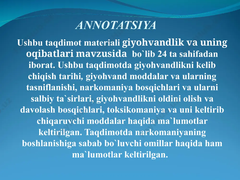 il giyoxvand moddalar toifasiga quyidagilarni kiritdi: alkogol - barbiturat moddalar tipi: etil spirti, barbituratlar, sedativ - meprobronat, xloralьgid va boshqalar. amfetamin tipidagi moddalar: anfetamin, fenmetrazin. kannabis tipidagi moddalar: marixuana, gashish. kokain tipidagi: kokain, koka barglari. gallyutsinogen moddalar: lsd, meskalin. kata tipidagi moddalar. opiada tipidagi: morfin, geroin, kofein, metdon. efir suyuqliklari tipidagi moddalar: toluol, atseton, tetroxlormetan. qodirjon ro’ziyevning ‘’valeologiya asoslari’’ kitobida narkomaniyani quyidagicha tasniflaydi: tabiiy va sun’iy morfin va morfin guruhiga kiruvchi vositalar tibbiyotda qo’llaniluvchi ayrim tinchlantiruvchi, uxlatuvchi, surgi dorilari ichkilikbozlik – alkogolizm. bunda asosiy ta’sir etuvchi modda etil spirti (alkogol) hisoblanadi nikotin va kannabiollar o’simliklardan – tamaki, ko’knori, nasha, kanop, koka o’simligi; preparatlardan – papiroslar, tamaki, sigaretalar, nosvoy, marixuana, plan, xek, lcd va boshqa yangi kimyoviy – sintetik, zaharli o’ziga o’rgatib qo’yuvchi va kayf keltirib chiqaruvchi moddalar aroqlar, kon’yaklar, brendi, rom, vinolar, portveynlar, viski, musallas, shampan vinosi, pivo va boshqa tarkibida alkogol tutuvchi ichimliklar. valeriana, sibazon, eunoktin, fenozepam va boshqalar …