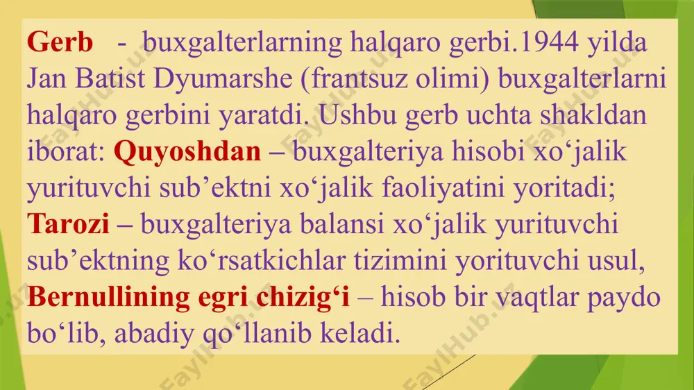 ti va ayni vaqtda o‘zaro bog‘liq boshqa schyotning kreditida aks ettirish 7. buxgalteriya balansi muayyan sanaga korxonaning mol-mulki va ularning manbalari to‘g‘risidagi axborotni iqtisodiy guruhlashtirish hamda pul bahosida umumlashtirish 8. hisobot moliyaviy-xo‘jalik faoliyatini tavsiflaydigan umumlashtirilgan ko‘rsatkichlar tizimini o‘zida mujassamlashtiradi buxgalteriya hisobi fan sifatida shakllanishidagi evolyutsion jarayonning sistematik tuzilishini quyida ko‘rishimiz mumkin: 1-davr. naturalistik davr. (eramizdan oldingi 4000 yildan bizning erani 500 yiliga qadar) 2-davr. qiymat davri. (bizning eraning 500-1300 yiliga qadar) 3-davr. ikki yoqlama yozuv davri. (1300-1850 yillar) 4-davr. nazariy-amaliy davr (1850-1900 yillar) 5-davr. ilmiy davr. (1900-1950 yillar) 6-davr. hozirgi davrni o‘z ichiga oladi. (1950 yildan hozirgi kunga qadar) image1.jpeg image2.emf /docprops/thumbnail.jpeg