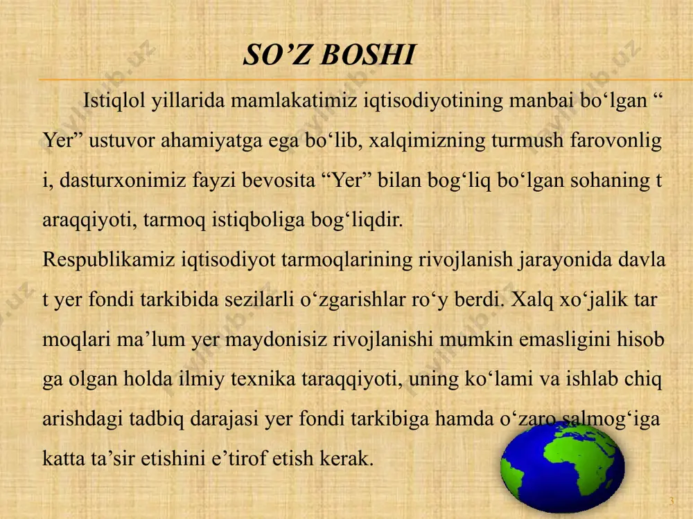 ardir. suv fondi yerlari — suv havzalari(daryo, koʻllar, suv omborlari va h.), gidrotehnika va suv xoʻjaligi inshootlari egallab turgan yerlar. zahira yerlar — huquqiy va jismoniy shaxslar egaligiga, foydalanishiga hamda ijaraga berilmagan, mulk qilib sotilmagan barcha yerlar. 20.10.2023 6 образец текста второй уровень третий уровень четвертый уровень пятый уровень 20.10.2023 7 образец текста второй уровень третий уровень четвертый уровень пятый уровень 20.10.2023 8 ўзбекистон республикаси ер фондининг тоифалари бўйича тақсимланиши 9 ўзбекистон республикасидаги жами фойдаланиладиган ерлар майдони т/р республика, шаҳар ва вилоятларнинг номи умумий ер майдони экин ерлар жами шу жумладан суғориладигани жами шу жумладан суғориладигани 1 қорақалпоғистон республикаси 16656,1 508,7 417,0 417,0 2 андижон 430,3 273,6 202,7 202,7 3 бухоро 4193,7 275,0 200,8 200,8 4 жиззах 2117,9 300,6 482,9 262,1 5 қашқадарё 2856,8 514,9 678,9 420,4 6 навоий 10937,5 123,5 110,6 90,7 7 наманган 718,1 282,2 194,5 194,5 8 самарқанд 1677,3 379,6 434,9 252,8 9 сурхондарё 2009,9 325,8 280,9 …