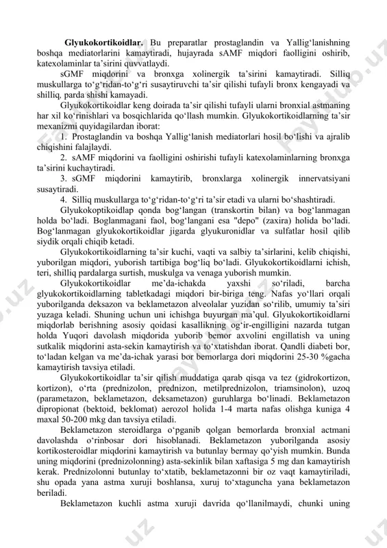 etishmovchiligi bilan kechayotgan bronxial obstruksiyasi bor bemorlar uchun, 5-6 mg/kg 3 mg/kg 0,9 mg/kg soat 0,6 mg/kg soat 0,25 mg/kg soat astma xurujida bronxni qisib qolish bilan kechayottan o‘tkir respirator virus infeksiyasida eufillinning sutkalik miqdori 3-4 qabulga bo‘lib berilsa kifoya qiladi. bronxning qisilib qolishining oldini olishda asosiy vazifa har bir bemorga aloxida dorining profilaktik miqdorini (10-20 mg/kg) aniqlashdan iborat bo‘lib, bu miqdor sutkasiga 6 qabulga teng bo‘linadi, har 3-4 kunda bu miqdor 25 %gacha kasalda klinik hamda funksional o‘zgarishlar me’yoriga kelguncha ko‘paytirib boriladi. eufillinning qon zardobidagi miqdoriga qarab miqdorlash tartibi miqdori, mkg/ml ko‘rsatmalar 10-20 davolashni davom ettirish. bir oydan keyin qondagi eufillin miqdorini aniqlash 20-25 miqdorni 10% kamaytirish 25-30 so‘nggi miqdor kiritilmaydi va keyingi kiritilayotgan miqdori 25% ga kamaytiriladi 30 dan yuqori bo‘lganda so‘ngi 2 miqdori kiritilmaydi, keyingi miqdor 50% ga kamaytiriladi va eufillinning qondagi miqdorini aniqlash takrorlanadi 6-7-10 kiritiladigan miqdor 25% ga ko‘paytiriladi 5-7 dan kam bo‘lganda kiritiladigan miqdor …