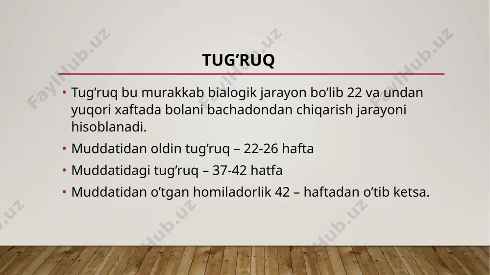 avri). 3. yo’ldosh davri. birinchi davr bu jarayon birinchi va kayta tug‘uvchilarda turlicha bo‘ladi. tug‘ruk boshlanishida bachadon bo‘yni juda yumshab, xolatini o‘zgartiradi. odatda bachadon bo‘yni tashqi teshigi xali tug‘rukka tayyor bo‘lmasa, u kinning orka gumbaziga qaragan bo‘ladi, tug‘ish jarayoniga tayyorlanish jarayonida u asta-sekin chanok o‘kiga to‘g‘ri kelib koladi. shu belgilarga asoslangan xolda biz bachadonni tug‘rukka tayyor deb fikr yuritamiz. ko‘p va qayta tukkan ayollarning bachadon bo‘yni kanaliga bitta barmokni osongina kiritsa bo‘ladi, ammo ichki teshigi berk bo‘ladi. bachapartogrammada ko‘rsatisр don bo‘yni muskullari o‘zining berkitib turish faoliyatini yo‘kotganiga ko‘ra u oson ochilishi mumkin. bachadon bo‘yni asta-sekin ochilib,oldinda yotgan kismi pastga suriladiyu birinchi tug‘uvchilarda bachadon bo‘ynining ochilishi bo‘yin kanalining ichki teshigidan boshlanadi. qayta tug‘uvchilarda bachadon buynining adr ikkala teshngi bir paytda ochiladi ochilish davrida u kaltalasha boradi bachadon bo’ynining 3 ta davrda ko’rinishi 2- davr xomilani chiqarib yuborish davri (ikkinchi davr) qisqarishning chastotasi va kuchayishi va itarish qo'shilishi (qorin mushaklarining qisqarishi) bilan …