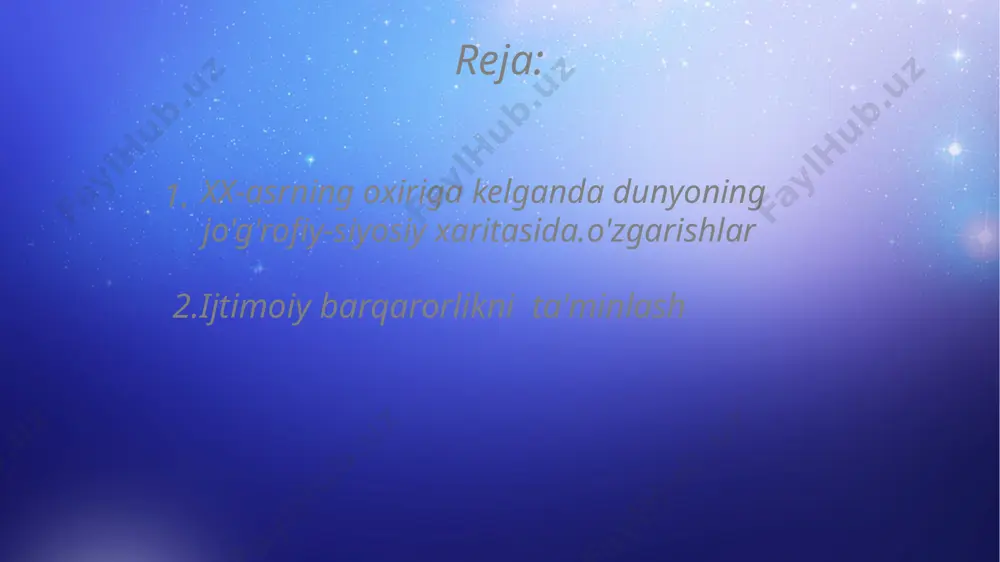 qishi ekstremizm va fundamentalizm kabi ilatlarning kuchayishi ijtimoiy-siyosiy barkarorlikka putur yetkazuvchi omillar xisoblanadi. hali yadro urushi xavfi ancha kamaygan bo’lsa ham hali ommaviy qirg’in qurolining ko’p miqdorda saqlanaetganligi va bunday qurolga ega bo’layotgan davlatlar safining ortib borishi, shuningdek ekologik muammolarning kuchayishi ham jahon taraqqiyotiga salbiy ta`sir ko’rsatmoqda. shunday qilib, ko'p qutbli dunyo tartibining yuksalishi, agar biron bir davlatning dunyodagi vaziyatni yagona nazorat qilishga qodir bo'lgan super kuch sifatida saqlab qolish yoki oldinga siljish imkoniyatlarini bartaraf qilmasa, sezilarli darajada qisqartirdi. dunyo tobora xilma-xil bo'lib, individual, guruh va milliy tanlovlar fonida imkoniyatlarni asta-sekin kengaytirmoqda. o'zgaruvchan sharoitlar doirasida jahon muammolarining paydo bo'lishi, yugoslaviyaning parchalanishi va mustaqil chexiya va slovakiyaning tashkil etilishi, germaniyaning yagona davlatining tashkil etilishi, keyin sssrning parchalanishi yangi mintaqaviy davlatlarning paydo bo'lishiga olib keldi. hozirgi kungacha hal qilinmagan nizolar. asta-sekin dunyoda geosiyosiy vaziyat o'zgardi, sotsialistik davlatlar o'rtasidagi xalqaro munosabatlar tizimi mavjud bo'lmay qoldi. sharqiy evropa mamlakatlari g'arbga yo'naltirildi. biroq, voqealarning bunday …