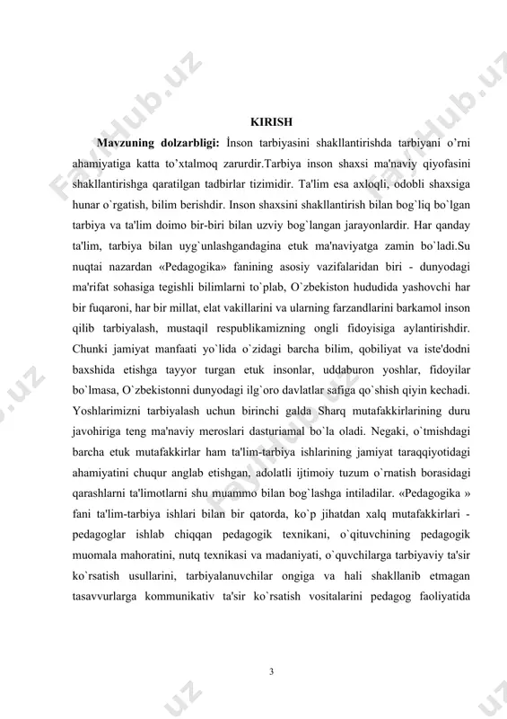 utun umrini bag`ishlaganlar odatda o`z zamonasining ilg`or va fidoiy kishilari bo`lishgan. mamlakatimizda chuqur o’zgarishlar, siyosiy vaijtimoiy-ig`tisodiy hayotning barcha tomonlarini izchil isloh etish va liberallashtirish, jamiyatimizni demokratik yangilash va modernizatsiya qilishjarayonlari jadal sur`atlar bilan rivojlanib bormog`da. bunda kuchli fuqarolik jamiyatini shakllantirish yo’lida belgilab olingan va izchil ravishda amalga oshirilayotgan ulkan vazifalar mustahkam zamin yaratmoqda. milliy g`oyaning asosiy negizi ajdodlarimiz yaratgan urf-odatlarda, ulug` allomalarimiz qoldirgan boy va bebaxo merosga borib taqaladi. ibn sino, al-forobiy, al-xorazmiy, al-beruniy, qozizoda rumiy, amir temur, ulug`bek, ali qushchi, bobur, alisher navoiy kabi ulug` mutafakkirlar, inson ma`naviy va tafakkur dunyosini boyitishda, insoniy ongni, madaniy- ma`rifiy qarashlarinio`zgarishda o`z davrida va keyinchalik ham asosiy ro`l o`ynadilar. ular tomonidan inson kamolotiga doir beqiyos, ta`limotlar yaratildi. ularning axloq-odobiga doir ma`nviy qarshlari butun jaxonga o`rnak bo`larli man ova mazmun kasb etdi. men milliy merosimizga murojat qilib, jahongashta sarkarda bobomiz amir temurning tuzuklarida ilgari surilgan barkamol tarbiyasi borasida olib borgan bildirgan fikr-mulohazalarini, tuzuklardagi g`oyalardan …