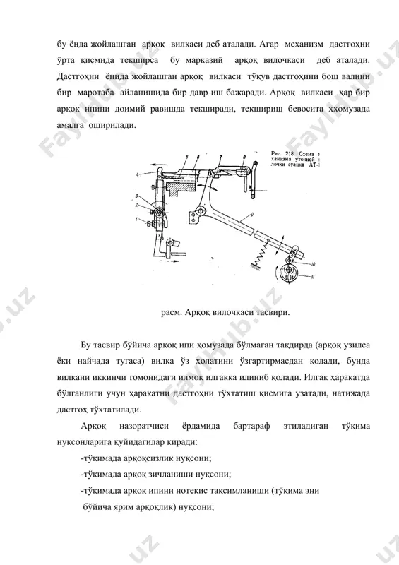 анизми тасвири. моки. стержен. ўқ. перья. подушка. дастгоҳни тўхтатиш механизмига ҳаракат узатиш звеноси. рессор пружинаси. кулф механизми ёрдамида мокини ҳомузада қолиб кетиши холатини огоҳлантиради. адабиётлар: 1. тўқувчилик технологияси ва тўқув станоклари». алимбоев э.ш ва бошқалар. тошкент . 1987й 2.пахтачилик журнали. 1996 й. 3.ипакчилик журнали 1990-1995 й