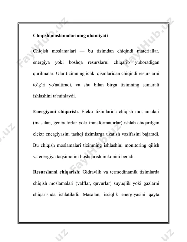 i: gidravlik tizimlarida kirish moslamalari (masalan, nasoslar, quvurlar, valflar) suyuqliklarning tizimga kirishini boshqaradi. bu moslamalar quyidagi tamoyillarga asoslanadi: bosimni nazorat qilish: kirish moslamalari tizimdagi bosimni boshqarib, suyuqlikning izchil oqishini ta'minlashi kerak. suyuqlikning oqim tezligini boshqarish: kirish moslamalari tizimga kirayotgan suyuqlik miqdorini nazorat qilishni ta'minlaydi. tamoyillar: suv yoki boshqa suyuqliklarning oqimini samarali boshqarish va tizimni uzluksiz ishlashini ta'minlash. quvurlar va valflar yordamida energiya sarfini kamaytirish va tizimni xavfsiz holatda ishlatish. mexanik tizimlarda kirish moslamalari: mexanik tizimlarda kirish moslamalari mexanik kuchlar va materiallarning tizimga kiritilishini boshqaradi. masalan, ko'prik qurilishlarida kirish moslamalari asosiy qurilish materiallarini joylashtirishda muhim rol o'ynaydi. tamoyillar: mexanik kuchlarni to'g'ri va samarali taqsimlash. materiallar va qurilish elementlarining joylashtirilishi va ularning bir-biriga mos kelishi. kirish moslamalarining ishlashini ta'minlash tamoyillari uzluksiz ta'minot: kirish moslamalari tizimga resurslarni uzluksiz yetkazib berishni ta'minlash kerak. masalan, elektr ta'minotida tizimning ishlashi doimiy energiya oqimi orqali qo'llab-quvvatlanishi zarur. texnik xizmat ko'rsatish va monitoring: kirish moslamalarining ishlashini ta'minlash uchun …