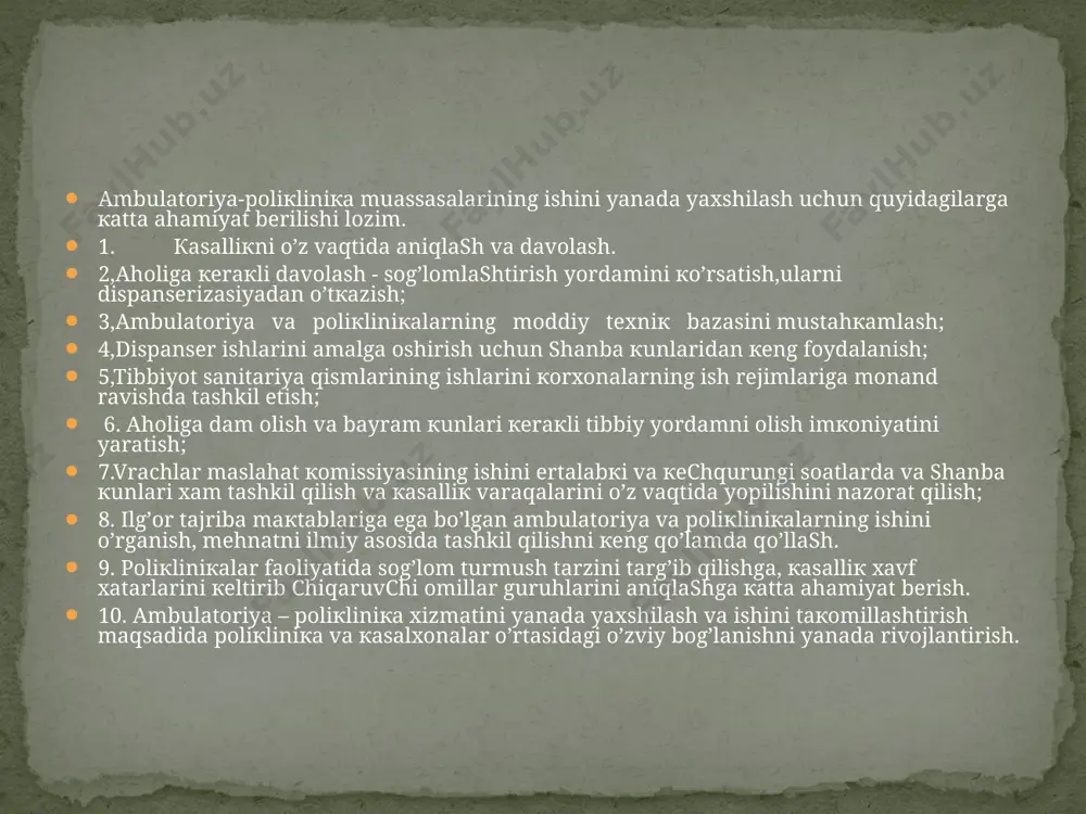 ini bajaradi. u muassasaning jami davolash – profilatik faoliyatiga javobgar hisoblanadi. shu maqsadda bosh vrachning davolash ishlari bo’yicha o’rinbosari bemorlarni o’z vaqtida poliklinikada qabulda va uyda to’g’ri sifatli tekshirish va davolashni tashkil etadi va nazorat qiladi; yangi tashkiliy usullar va tibbiyot muassasalarining ilg’or ish tajribalarini bemorlarni tashxislash, davolash va kasalliklar profilaktikasining zamonaviy samarali usullarini poliklinika faoliyatiga tadbiq etadi. u poliklinika bilan stasionar o’rtasida bemorlarni tekshirish va davolash bo’yicha o’zaro o’zviylikni, bog’liqlikni ta’minlaydi, bemorlarni lozim bo’lganda stasionarga yotqizishni tashkil etadi, barcha profilaktik ishlarga rahbarlik qiladi, tibbiyot xodimlarining malakasini oshirish rejasini bajarilishini ta’minlaydi. davolash nazorat komissiyasining ishini tashkil etadi, hay’at bilan birgalikda tashxislar tafovuti, vrachlik xatosi va davolash – tasxislash ishlari holatini muhokama qiladi; tibbiyot statistikasi xonasining ishini tashkil etadi va nazorat etadi. oilaviy poliklinikaning shtati shtatlar me’yoriga mos holda belgilanadi. oilaviy poliklinikaning tarkibi quyidagilardan iborat: - ro’yxatxona; - vrachgacha qabul xonasi; - konsultativ kundo’zgi shifoxona; - umumiy amaliyot shifokorlari xonalari; - …