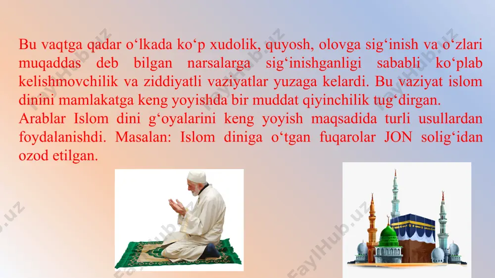va rioya qiluvchi boʻlinglar, uni faqat hikoya qiluvchi boʻlmanglar”, -deyiladi. hadislar muhammad payg‘ambarimizning sunnatlari bo‘lib, mazmunan har bir mo‘minning ishonchi, e’tiqodini mustahkamlaydi, shu bilan insonni ma’naviy kamolotga yetaklaydi. «islom dini ma’rifatga asoslangani uchun ham har bir shaxsni aqliy, jismoniy jihatdan kamolga yetkazishga oid e’tiqod va iymondan iborat bo‘lib, faqat ezgulikka xizmat qilish, oliyjanob bo‘lish, pokiza yurish, bir burda luqmani halol qilib yeyish, jaholat va jaholatparastlikka yo‘l qo‘ymaslik, o‘z birodarining, qarindosh-urug‘larining, millatining va vatanining qadriyatlarini asrashdan iboratdir» . shunday ekan, hadislar komil insonni shakllantirishda muhim manba bo‘lib xizmat qiladi va undan yoshlar tarbiyasida foydalanish shu kunning dolzarb muammolaridan sanaladi. e’tiboringiz uchun rahmat! image1.png image2.png image3.png image4.jpg image5.png image6.png image7.png image8.jpeg image9.jpeg image10.jpeg image11.jpeg image12.jpeg image13.png image14.jpeg image15.jpeg image16.jpeg image17.png image18.jpeg image23.jpeg image24.jpeg image25.jpeg image26.jpeg image27.jpeg image28.jpeg image29.jpeg image30.jpeg image31.jpeg image32.jpeg image33.jpeg image34.jpeg image35.jpeg image36.jpeg image37.jpeg image38.jpeg image39.jpeg /docprops/thumbnail.jpeg