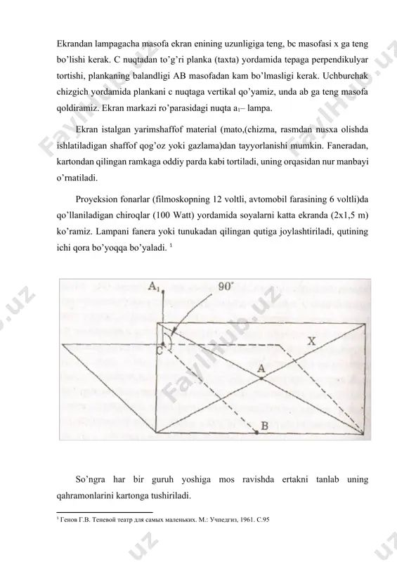 ordamida plankani c nuqtaga vertikal qo’yamiz, unda ab ga teng masofa qoldiramiz. ekran markazi ro’parasidagi nuqta a1– lampa. ekran istalgan yarimshaffof material (mato,(chizma, rasmdan nusxa olishda ishlatiladigan shaffof qog’oz yoki gazlama)dan tayyorlanishi mumkin. faneradan, kartondan qilingan ramkaga oddiy parda kabi tortiladi, uning orqasidan nur manbayi o’rnatiladi. proyeksion fonarlar (filmoskopning 12 voltli, avtomobil farasining 6 voltli)da qo’llaniladigan chiroqlar (100 watt) yordamida soyalarni katta ekranda (2x1,5 m) ko’ramiz. lampani fanera yoki tunukadan qilingan qutiga joylashtiriladi, qutining ichi qora bo’yoqqa bo’yaladi. [footnoteref:1] [1: генов г.в. теневой театр для самых маленьких. м.: учпедгиз, 1961. с.95] so’ngra har bir guruh yoshiga mos ravishda ertakni tanlab uning qahramonlarini kartonga tushiriladi. sоyа teаtri – qо‘g‘irchоq teаtrining о‘zigа hоs turlаridаn hisоblаnаdi. undа qо‘g‘irchоqlаr emаs, bаlki shаkllаrdаn ibоrаt о‘yinchоqlаr о‘ynаydi. tоmоshа qiluvchilаr sаhnа rо‘pаrаsidа о‘tirib, ekrаndа yоrug‘lik оrqаli hаrаkаtlаnаyоtgаn sоyаlаr: оdаmlаr, hаyvоnlаr vа qushlаr sоyаsini kо‘rishlаri mumkin. sоyа teаtri uchun оdаm vа hаyvоn sоyаlаrini bоlаlаrning о‘zlаri chizib, qirqа оlаdilаr. …