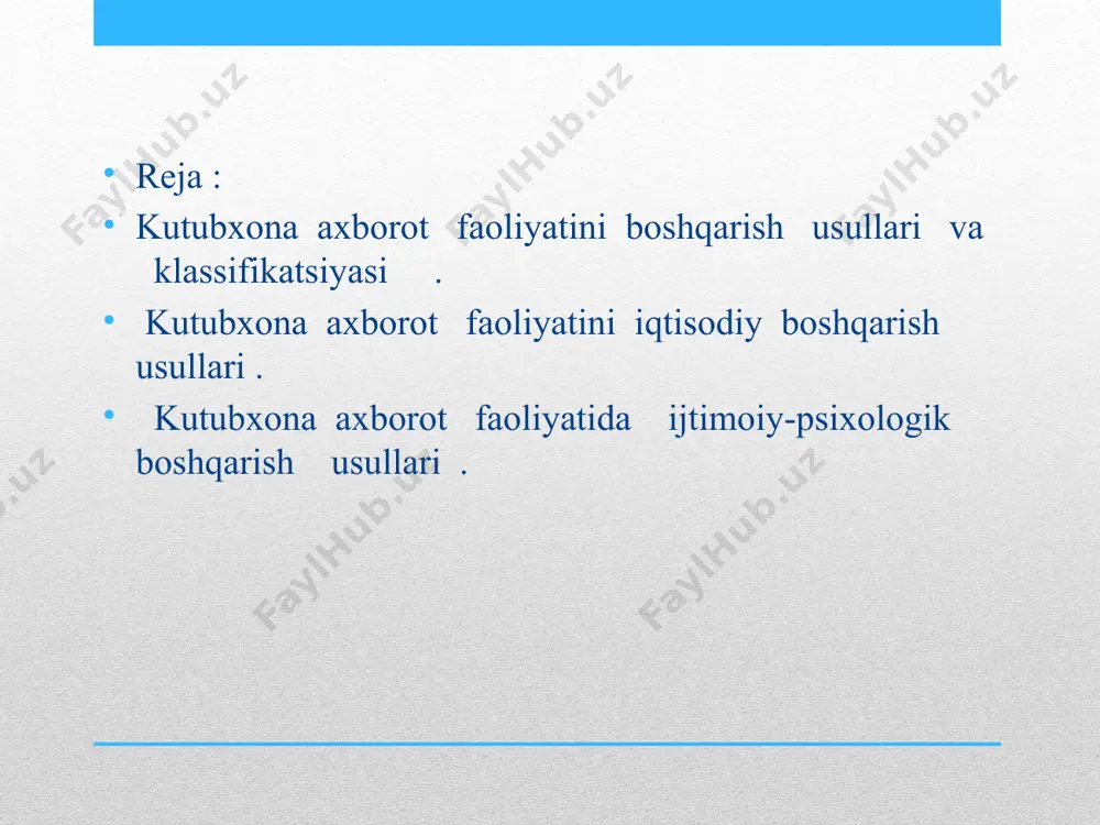 bo’lishi mumkin bo’lgan qiyinchiliklr tanishtirishdan iborat bo’ladi . tashkiliy -farmoyish usullarini qo’llayotganda ularni boshqaruvni ma’lum bir darajasi faoliyat yurituvchi huquqiy normalarga va yuqori boshqaruv orgnlari tomonidan belgilangan aktlarga rioya qilish talab qilinadi . 2. kutubxona axborot faoliyatida iqtisodiy boshqarish usullari . iqtisodiy usullar odamlarga moddiy rag’batlantirish , moddiy qiziqtirish bo’yicha ta’sir ko’rsatish prinsipiga asoslanadi . iqtisodiy usullar tizimiga xo’jalik yuritishning barcha amaliy tomonlari kiradi ; moliyalashtirish , ilg’or jihozlar bilan ta’minlash , oylik ish haqi , mukofotlar va boshqalar . iqtisodiy usullar tizimi kutubxona –axborot faoliyatini boshqarishning barcha darajalarida qo’llaniladi . yuqori bosqichda kutubxona axborot faoliyatini alohida tizimchalarini rivojlanishiga ta’sir ko’rsatishi , o’rta bosqichda tumandagi eng yaxshi kutubxona jamoasini , eng yaxshi kutubxona xodimlarini rag’batlantirish , quyi bosqichda , ya’ni kutubxona ma’muriyati darajasida kutubxonachilarni mahsus vazifasini bajarganligi , iste’molchilarga eng sifatli xizmat ko’rsatgani , yangi is shakllarini qo’llaganligi uchun rag’batlantirish qo’llaniladi . iqtisodiy rag’batlantirish quyidagi prinsplarga asoslanadi : -iqtisodiy rag’batlantirish …
