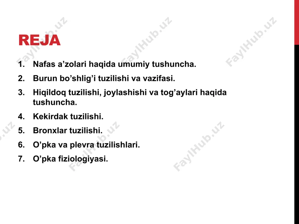 a qon tomir va nervlar tegib turadi. old tomonida muskullar va fassiyalar o’rab turadi. hiqildoq tog’aylari tog’ va juft tog’aylardan iborat: uzuksimon tog’ay- bu ingichkalashgan, gialin tog’ay. qalqonsimon tog’ay- eng katta tog’ay, erkaklarda bu tog’ay bo’rtib chiqib turadi. hiqildoq usti tog’ayi- barg shaklida bo’lib, yutinish jarayonida hiqildoqqa kirish teshigini yopadi. juft tog’aylar: cho’michsimon tog’ay. shoxsimon tog’ay. ponasimon tog’ay. hiqildoq tog’aylari hiqildoq tog’aylari ovoz hosil qilishda qatnashadi. hiqildoq mushaklari ko’ndalang-targ’il mushakdan tashkil topgan, bizni ixtiyorimizga bo’ysunadi. hiqildoq nafaqat havo o’tkazish organi bo’lib qolmastan, tovush chiqarish organi ham hisoblanadi. nafas chiqarishda kekirdakdan kelayotgan havo ovoz yorig’idan o’ta turib ovoz boylamlarini titratadi, natijada tovush paydo bo’ladi. turlicha ovoz paydo bo’lishi ovoz boylamlarining tebranishiga bog’liq. kekirdak kekirdak, yoki traxeya- uzunligi 9-11sm., diametri- 15-18mm. 6-bo’yin umurtqasining ro’parasida bexosita hiqildoqdan boshlanadi va 4-5-ko’krak umurtqalarining ro’parasida chap va o’ng bronxlarga ajraladi va shu bo’lingan joyi kekirdak ayrisi deb ataladi (bifurkatsiya). kekirdakning orqa tomonidan qizilo’ngach o’tsa ikki yon …