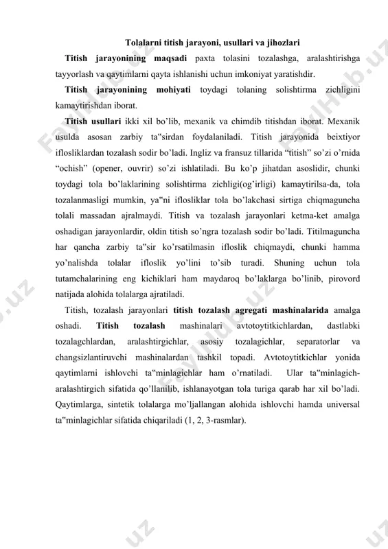 al bo-u toytitkich sxemasi mazkur bo-u toytitkich yuqori unumdorlik bilan tejamkor ishlaydi. ko’pincha blendomat bo-a kichik partiyalarda alohida ishlashi mumkin. uning yangiligi shundaki, bunkeri ikkita bo’lganligi tufayli ikki turdagi tolalarni aralashtirib, tozalangan chiqindi va qaytimlarga qo’shishi mumkin. hech qanday muammsiz tozalagichlarga tutashtirilishi mumkin. faqat chiqindi tolalar va qaytimlarni titish va stavkaga qo’shish maqsadida bo-r tituvchi mashina qo’llaniladi(2-rasm). 2-rasm. bo-r tituvchi mashina sxemasi. buning asosiy tomoni shundaki. uni kam hajmdagi chiqindilarni aralashtirishda qo’llaniladi. ayniqsa pilta qaytimlarini titishga mos keladi, shuningdek eng past (5kg/c) mahsuldorlikda ishlab, dozlash aniqligini saqlab qoladi. sintetik tolalar uchun tozalovchi valigi bo’lmagan tituvchi mashina qo’llaniladi (3-rasm). 3-rasm. bo-s tituvchi mashina sxemasi tituvchi mashina yoki titkichlar asosan qaytimlar va chiqindilarga mo’ljallangan bo’lib, ularni toy paxtalarni titishda ham qo’llash mumkin. bu holda titkichlarni tola bilan yuklash qo’lda amalga oshiriladi. yuqoridagi titkichlar vazifasi bir xil bo’lsa-da, ularning tarkibi hamda parametrlari turlicha, ya‟ni qayta ishlanuvchi tola, qaytim yoki chiqindi turiga qarab farqlanadi. …