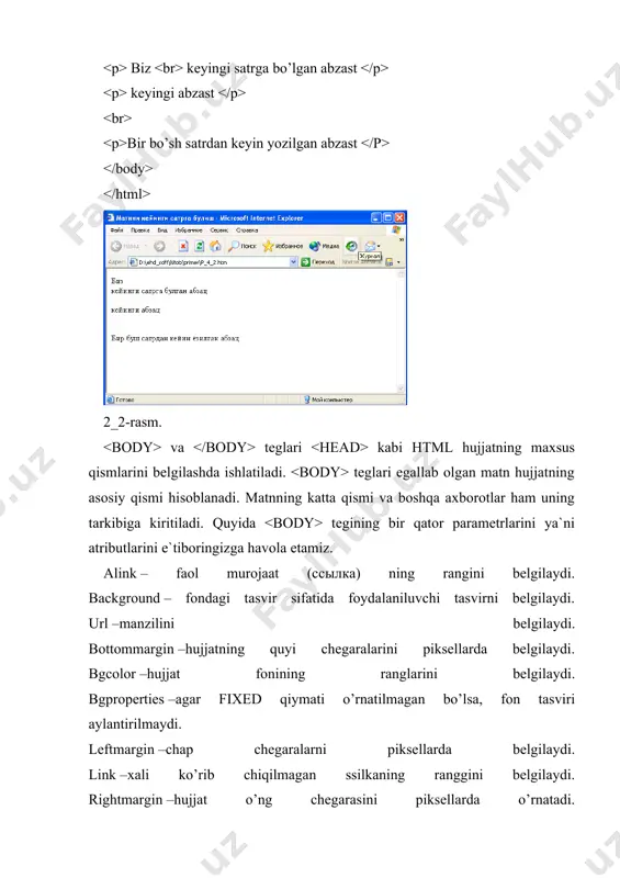 incha vergullar bilan ajratilgan shriftlar ro’yxati keltiriladi. brauzer ro’yxat bo’yicha o’z operastion sistemasidan (tizimidan) shu shriftlarni qidiradi va birinchi topilgan shrift bo’yicha matnni tasvirlaydi. endi esa font tegining barcha parametrlari qatnashgan misolni ko’ramiz: yuqoridagi tegda shu tegdan keyingi matn to’rtinchi o’lchamda, qora rangda va courier new yoki bu shrift sistemaga o’rnatilmagan bo’lsa arial black shriftida tasvirlanish kerakligi e’lon qilingan. html bizga yana simvollarni kursiv, qalin, tagiga chizilgan yoki ustidan chizilgan holatlarda tasvirlash imkonini beradi. · va teglari belgilangan joydagi matnni qalin shriftda tasvirlaydi. · va teglari belgilangan joy matnini kursiv shriftda tasvirlaydi. · va teglari belgilangan joy matnini tagiga chizilgan shriftda tasvirlaydi. · va teglari belgilangan joy matnini usti chizilgan shriftda tasvirlaydi. · va teglari belgilangan joy matnini monoshrift shriftda tasvirlaydi. · va teglari belgilangan joy matnini kichraytirilgan shriftda tasvirlaydi. · va teglari belgilangan joy matnini kattalashtirilgan shriftda tasvirlaydi. misol 4_4. turli xil ko’rinishda yozish matnlar qalin yoki kursiv ko’rinishda …