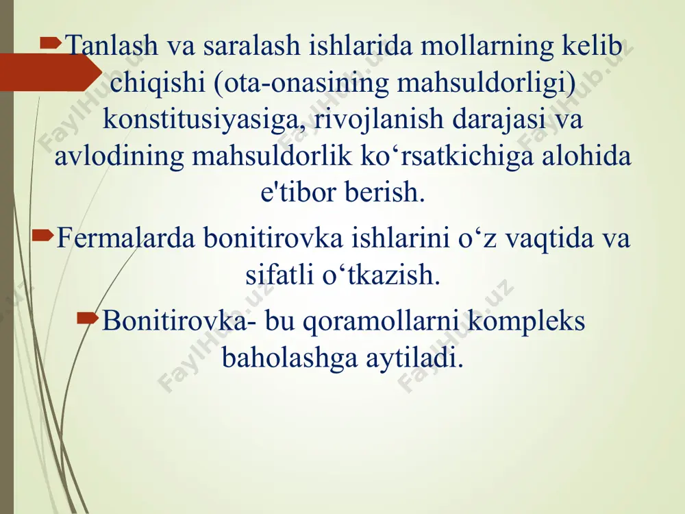 olarini tashkil qilindi. qoramolchilikda sun'iy urug‘lantirishni tiklandi. yosh nasldor mollarni to‘g‘ri o‘stirishni tashkil etildi. chet ellardan zotdor mollar, ularning urug‘larini olib kelishni tashkil qilindi. uni o‘tkazishda mollarning zotdorligi, kelib chiqishi, mahsuldorligi, o‘sish va ulg‘ayishi, ekster'eri va konstitusiyasi, avlodning sifati, ularning pushdorligi va hakozo belgilari kompleks baholanadi shu boisdan birinchi navbatda davlat naslchilik birlashmasi va o‘znaslxizmat korxonalarining faoliyatini jonlash-tirish, ularni fermer – naslchilik xo‘jaliklari bilan ishlarini tashkil qilish kerak. zotlar bo‘yicha kengash mavjud zotlarni takomillashtirish bo‘yicha naslchilik ishlarini yaxshi tashkil qilish va rejaga muvofiq yuritish maqsadida respublikada zotlar bo‘yicha kengashlar tuzilgan. yuqorida qayd etilgan barcha chora tadbirlar aholining oziq-ovqat mahsulotlariga va sanoatining xom-ashyoga bo‘lgan talabini to‘laroq qondirish maqsadida chorva mollari zotini takomillashtirishga ularning mahsuldorligini oshirishga qaratilgandir. e'tiboringiz uchun rahmat!