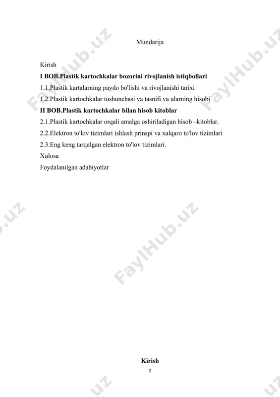sh va barqarorligini oshirish, ularning moliyaviy barqarorligini va ishonchligini mustahkamlash, istiqbolli investitsion loyihalar hamda kichik biznes va tadbirkorlik sub’ektlarini kreditlashtirishni yanada kengaytirishga yo‘naltirilgan[footnoteref:1]. [1: 2017-2021 yillarda o‘zbekiston respublikasini rivojlantirishning beshta ustuvor yo‘nalishlari bo‘yicha harakatlar strategiyasi] hozirgi kunda insoniyat turmush tarzini banklar xizmatisiz tasavvur etib bo’lmaydi. chunki banklar xo'jalik sub'ektlarini kredit mablag’lari bilan ta'minlab, ijtimoiy sarmoyani qayta taqsimlash jarayonida vositachi sifatida qatnashadi va jamiyat miqyosida umumiy samaradorlikni oshirishga xizmat qiladi. har qanday mamlakat iqtisodiyotining tayanadigan asosiy ustunlaridan biri bo'lib moliyaviy jihatdan mustahkam va barqaror faoliyat ko'rsatuvchi bank tizimi hisoblanadi. har bir mustaqil davlatning ijtimoiy-iqtisodiy rivojlanish darajasi va kelajakdagi taraqqiyoti avvalo mazkur mamlakatda barpo etilgan va muntazam ravishda takomillashtirib boriladigan bank tizimining faoliyatiga bog’liqdir. banklarning o'ziga xos xususiyati shundaki, ular o'z mablag’lari bilangina emas, balki omonatchilar va kreditorlar, aksionerlar hamda mijozlar ularga ishonib topshirgan mablag’lar bilan, ya'ni keng jamoatchilik bilan ish ko'radi. kurs ishining maqsad va vazifalari: plastik kartochkalar bilan hisob kitoblar …