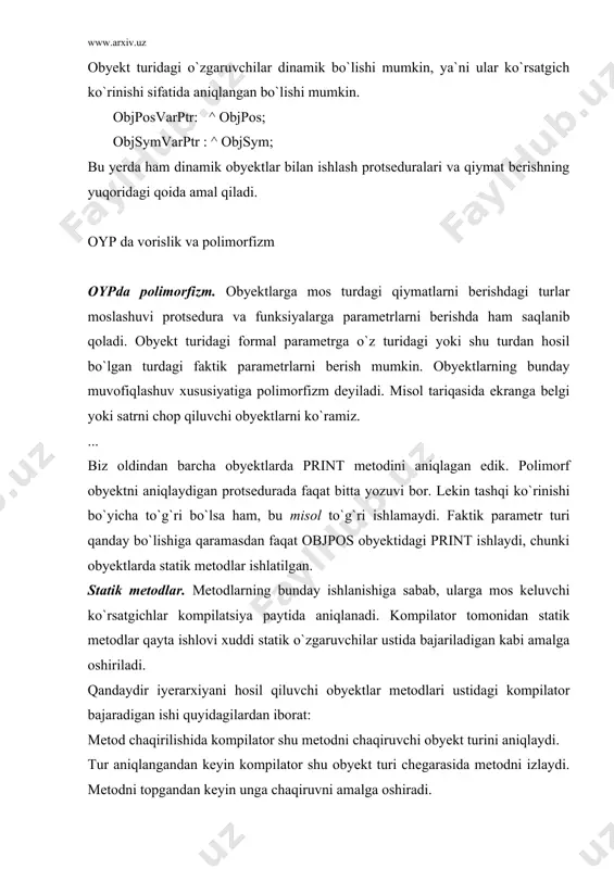 rtual so`zini qo`yish bilan aniqlanadi. procedure ( ); virtual; function ( ): ; virtual; virtual metodlar aniqlanishida quyidagi shartlar bajarilishi kerak. ajdod obyekt turida birorta metod virtual qilib aniqlangan bo`lsa, shu turdan hosil bo`luvchi barcha obyektlarda ham shu nomdagi metodlar virtual bo`lishi kerak, ya`ni virtual metod keyinchalik statik deb e`lon qilinishi mumkin emas. agar virtual metod avlod obyektlarda qayta aniqlanadigan bo`lsa, bu metod nomi va formal parametrlar, ularning joylashuvi o`zgarmasligi kerak. agar virtual metod funksiya bo`lsa, uning qiymatini turi o`zgarmasligi kerak. obyekt turida obyektni initsializatsiya qiluvchi metod bo`lishi kerak. bu metod boshqa metodlardan e`lonida procedure so`zi o`rnida constructor so`zini ishlatilishi bilan farq qiladi. bu kalit so`z virtual metodlar uchun boshlang`ich aniqlash ishlarini amalga oshiradi. tarkibida virtual metodga ega obyekt albatta konstruktor bo`lishi kerak. konstruktor virtual metodlardan oldin chaqirilishi shart, aks holda noaniq holat yuzaga keladi. o`z ichida virtual metodi bor obyekt turidagi har bir o`zgaruvchi alohida o`z konstruktori bilan initsializatsiya …