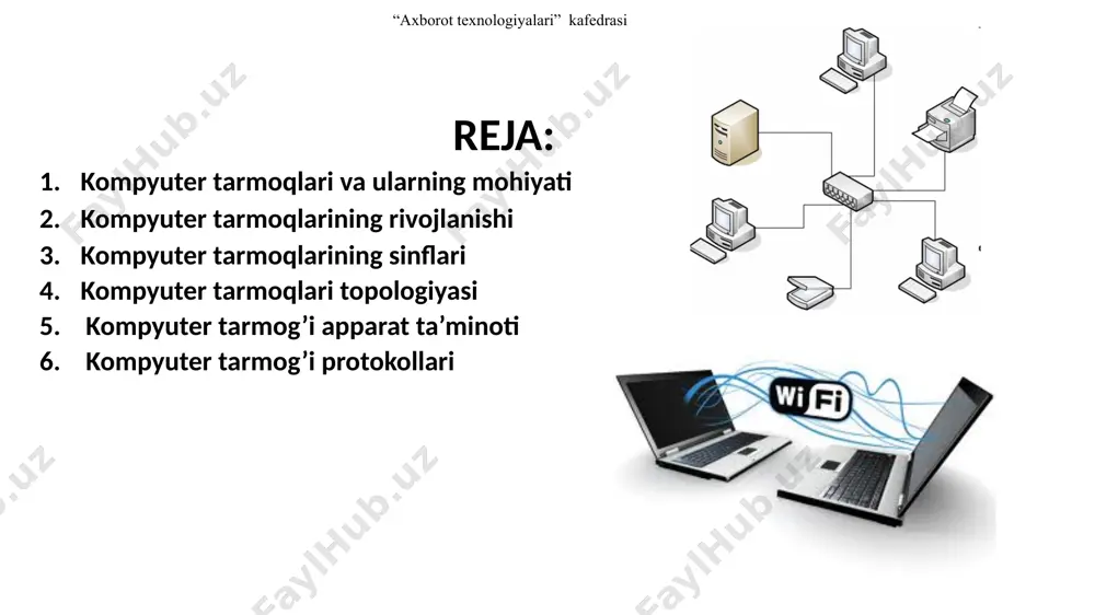 lan ishlash tezligi, ularning fizik o’lchoviga ko’ra lan ( local-area network) lokal tarmoq (bir ofis, bino ichidagi aloqa); can (campus-area network) - kampus tarmoq, bir-biri bilan telefon yoki modemlar bilan ulanish, ammo yetarlicha bir-birlaridan uzoqda joylashgan kompyuter lokal tarmog’i; man (metropolitan-area network) katta tezlik bilan aloqa uzatish (100 mbit/s) imkoniyatiga, katta radiusga (bir necha o’n km) axborot uzatuvchi kengaytirilgan tarmoq; wan (wide-area network) keng masshtabli (mintaqaviy) maxsus qurilma va dasturlar bilan ta’minlangan alohida tarmoqlarni birlashtiruvchi yirik tarmoq; gan (global-agea network) global (xalqaro, qit’alararo) tarmoq; kompyuter tarmoqlarining sinflanishi “axborot texnologiyalari” kafedrasi tugunlar munosabatiga ko’ra bir xil rangli (peer-to-peer) uncha katta bo’lmagan, bir xil mavqega ega kompyuterlar (bu erda hamma kompyuterlar ham «mijoz», ya’ni tarmoqning oddiy foydalanuvchisi, ham «server», ya’ni tarmoq foydalanuvchilariga xizmat ko’rsatishni ta’minlovchi bo’lishi mumkin). bunda serverlar tarmoq foydalanuvchilariga xizmat ko’rsatadi, biroq tarmoqni boshqarmaydi; server (server based) yoki markazlashgan boshqarishga ega tarmoqlar. bu yerda tarmoqning bosh elementi serverdir. qolgan tugunlar …