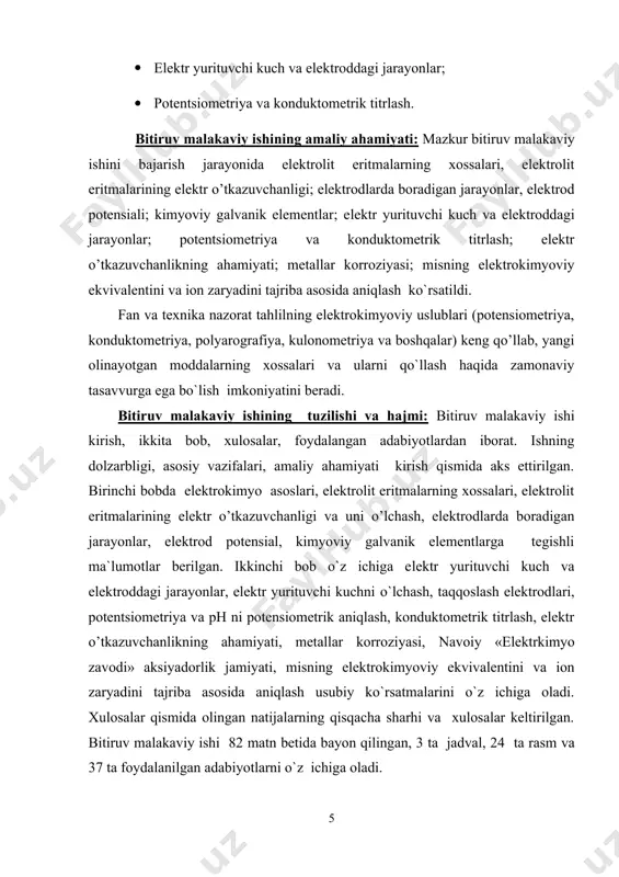 еktrоkimyoviy ekvivalеntini va iоn zaryadini tajriba asosida aniqlash himoyaga olib chiqilayotgan asosiy holatlar: · elektrolit eritmalarning xossalari, elektrolit eritmalarining elektr o’tkazuvchanligi; · elektrodlarda boradigan jarayonlar, elektrod potensiali; · kimyoviy galvanik elementlar; · elektr yurituvchi kuch va elektroddagi jarayonlar; · potentsiometriya va konduktometrik titrlash. bitiruv malakaviy ishining amaliy ahamiyati: mazkur bitiruv malakaviy ishini bajarish jarayonida elektrolit eritmalarning xossalari, elektrolit eritmalarining elektr o’tkazuvchanligi; elektrodlarda boradigan jarayonlar, elektrod potensiali; kimyoviy galvanik elementlar; elektr yurituvchi kuch va elektroddagi jarayonlar; potentsiometriya va konduktometrik titrlash; elektr o’tkazuvchanlikning ahamiyati; metallar korroziyasi; misning elеktrоkimyoviy ekvivalеntini va iоn zaryadini tajriba asosida aniqlash ko`rsatildi. fan va texnika nazorat tahlilning elektrokimyoviy uslublari (potensiometriya, konduktometriya, polyarografiya, kulonometriya va boshqalar) keng qo’llab, yangi olinayotgan moddalarning xossalari va ularni qo`llash haqida zamonaviy tasavvurga ega bo`lish imkoniyatini bеradi. bitiruv malakaviy ishining tuzilishi va hajmi: bitiruv malakaviy ishi kirish, ikkita bob, xulosalar, foydalangan adabiyotlardan iborat. ishning dolzarbligi, asosiy vazifalari, amaliy ahamiyati kirish qismida aks ettirilgan. birinchi …