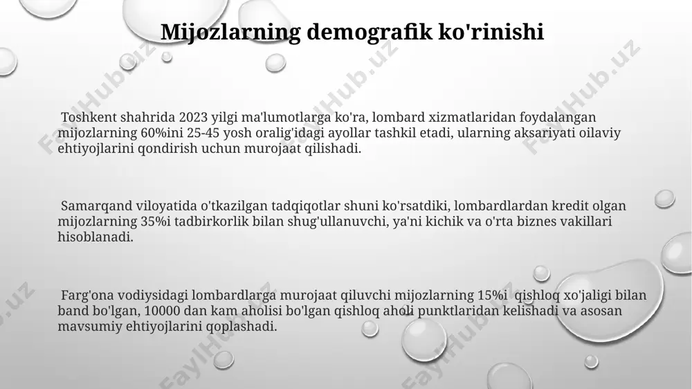 samarqand viloyatida 2024 yilga kelib firibgarlik holatlarini 10% ga kamaytirdi va shu bilan pawnbroking sohasidagi ishonchni oshirdi. raqamli texnologiyalar, masalan, onlayn baholash platformalari orqali 2023 yilda o'zbekistonning 5 ta yirik shahrida 15% ga pawnbroking xizmatlaridan foydalanish ko'paygan. mobil ilova orqali onlayn kredit olish imkoniyati, 2022 yildan beri toshkentda 30% ga pawnbroking kompaniyalarining mijozlar sonini oshirdi, bu esa ish o'rinlarini ko'paytirishga olib keldi. kreditlarning o'rtacha miqdori va muddati toshkent shahrida o'rtacha kredit miqdori 2023-yilning birinchi choragida 500 000 so'mdan 1 000 000 so'mgacha o'zgargan bo'lib, kredit muddati esa o'rtacha 3-6 oyni tashkil etdi. farg'ona vodiysida kreditlarning o'rtacha miqdori va muddati mintaqaning iqtisodiy holatiga bog'liq bo'lib, o'rtacha 300 000 so'm va 1-3 oy oralig'ida o'zgaradi. samarqand viloyatida lombardlar orqali beriladigan kichik biznesga oid kreditlarning o'rtacha miqdori 2 million so'mni, muddati esa 12 oyni tashkil etadi. foyda darajasi va rentabellik фарғона водийсидаги йирик гаровхоналарнинг фойдаси йилига 25% дан юқори бўлиб, улар 50 дан …