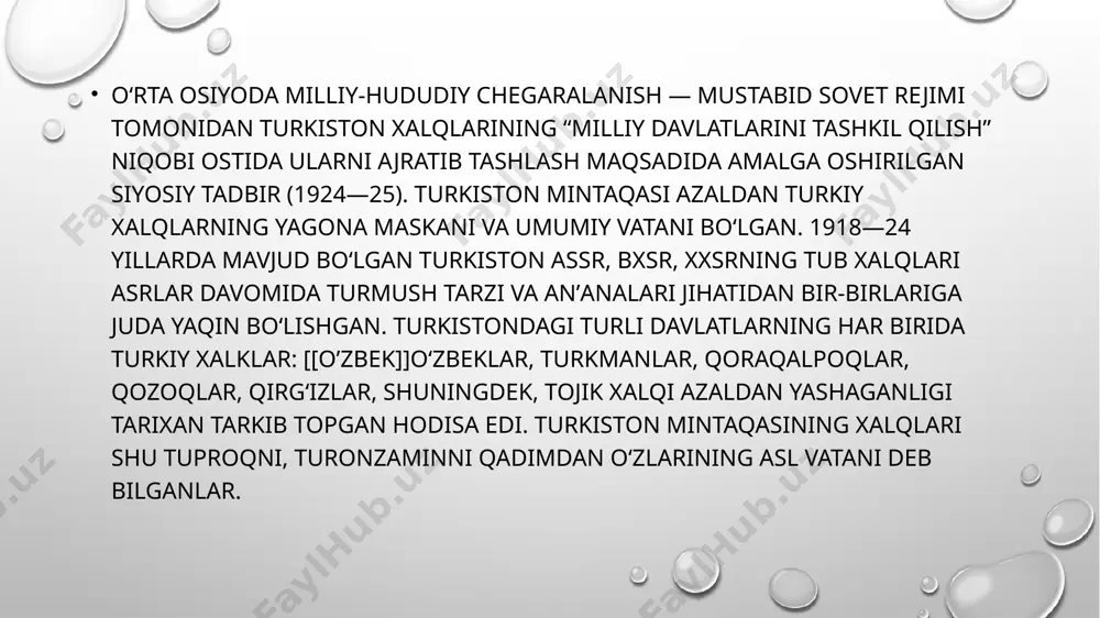 3-fevralda buxoroda maxsus qurilgan xalq uyida oʻzbekiston ssr sovetlarining 1qurultoyi ochildi. qurultoy 17-fevralda “[[oʻzbekiston sovet sotsialistik respublikasini tashkil etish toʻgʻrisida deklaratsiya” qabul qildi. oʻzssr oradan koʻp oʻtmay sssr tarkibiga qabul qilingan (1925-yil 13-may). oʻzssr tarkibida 1929-yilgacha tojikiston assr ham boʻlgan (yana qarang [[oʻzbekiston sovet sotsialistik respublikasi). qoraqalpoq avtonom oblasti (1925-yil 16-fevraldan) tuzilib, u dastlab qozogʻiston assr tarkibiga kirgan. keyinchalik qoraqalpoq avtonom oblasti (1932-yil rsfsr tarkibiga, 1936-yildan oʻzbekiston ssr tarkibida) qoraqalpogʻiston assr qilib qayta tuzildi (yana q. qoraqalpogʻiston respublikasi). oʻrta osiyo xalqlari uchun bu chegaralanish va tashkil etilgan yangi “milliy davlatchilik” ularning bundan keyingi taraqqiyotiga yangi nozik farqlarni olib kirdi. oʻzbekiston ssrning tuzilishi “oʻzbek xalqining milliy davlatchiligi tashkil qilindi”, degan fikrni anglatmaydi. sssr tarkibidagi oʻzssr amalda hech qanday suverenitet va mustaqillikka ega emas edi. oʻzssr tashkil etilayotgan vaqtlardayoq uning oldiga, asosan, markazning manfaatlariga xizmat qilish, sssrning markaziy rayonlariga xom ashyo yetishtirib berish kabi vazifalar qoʻyilgan edi. sssr inqirozga yuz tutgan va …